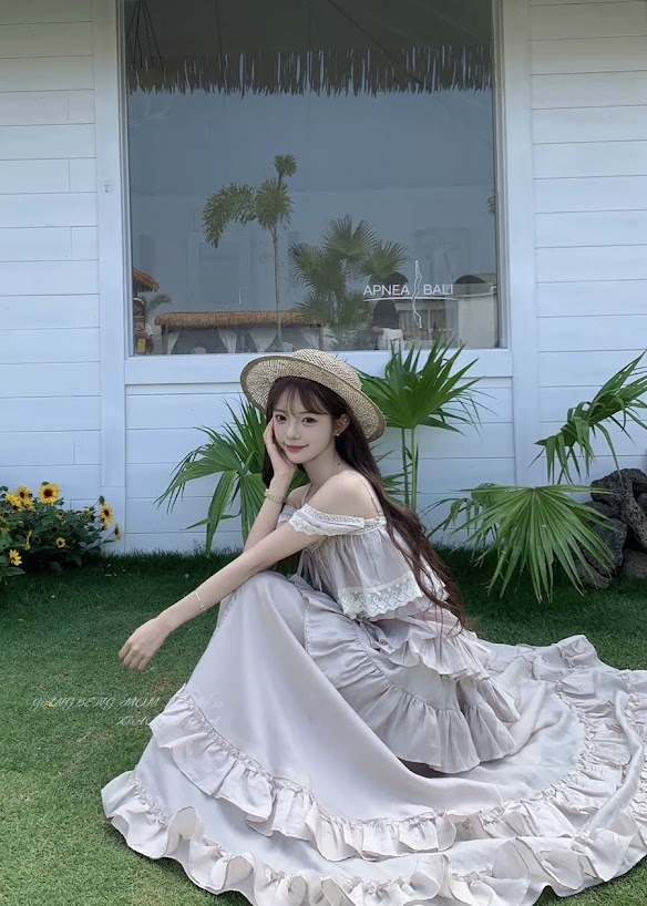Lucas - Set áo 2 dây vải đũi nhăn viền ren gấu + tay hến + chân váy maxi xòe may nhún nhiều tầng_thumbnail_3