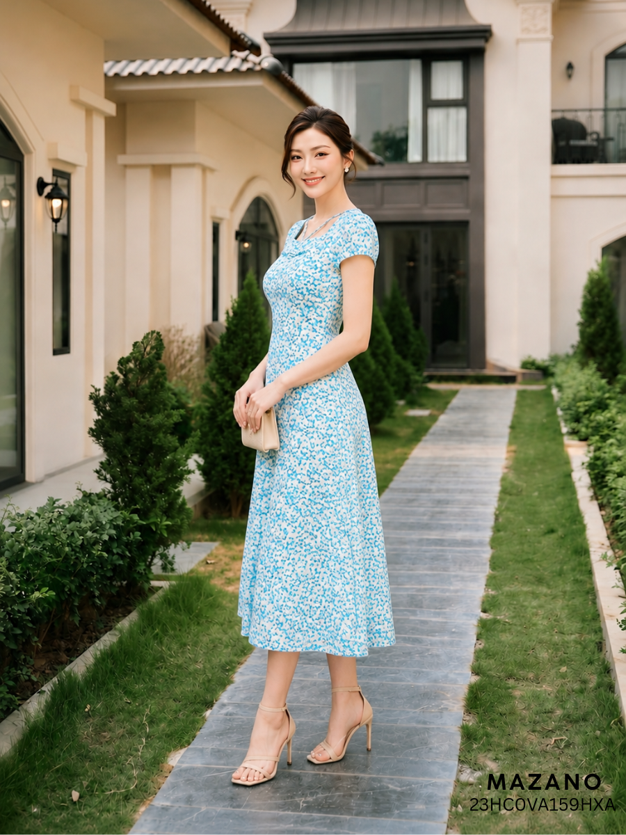 Váy Đầm ôm Chân rủ Vải thô mỏng Hoạ tiết hoa nhí Cổ V Tay ngắn Dài ngang bắp chân 23HC0VA159HXA