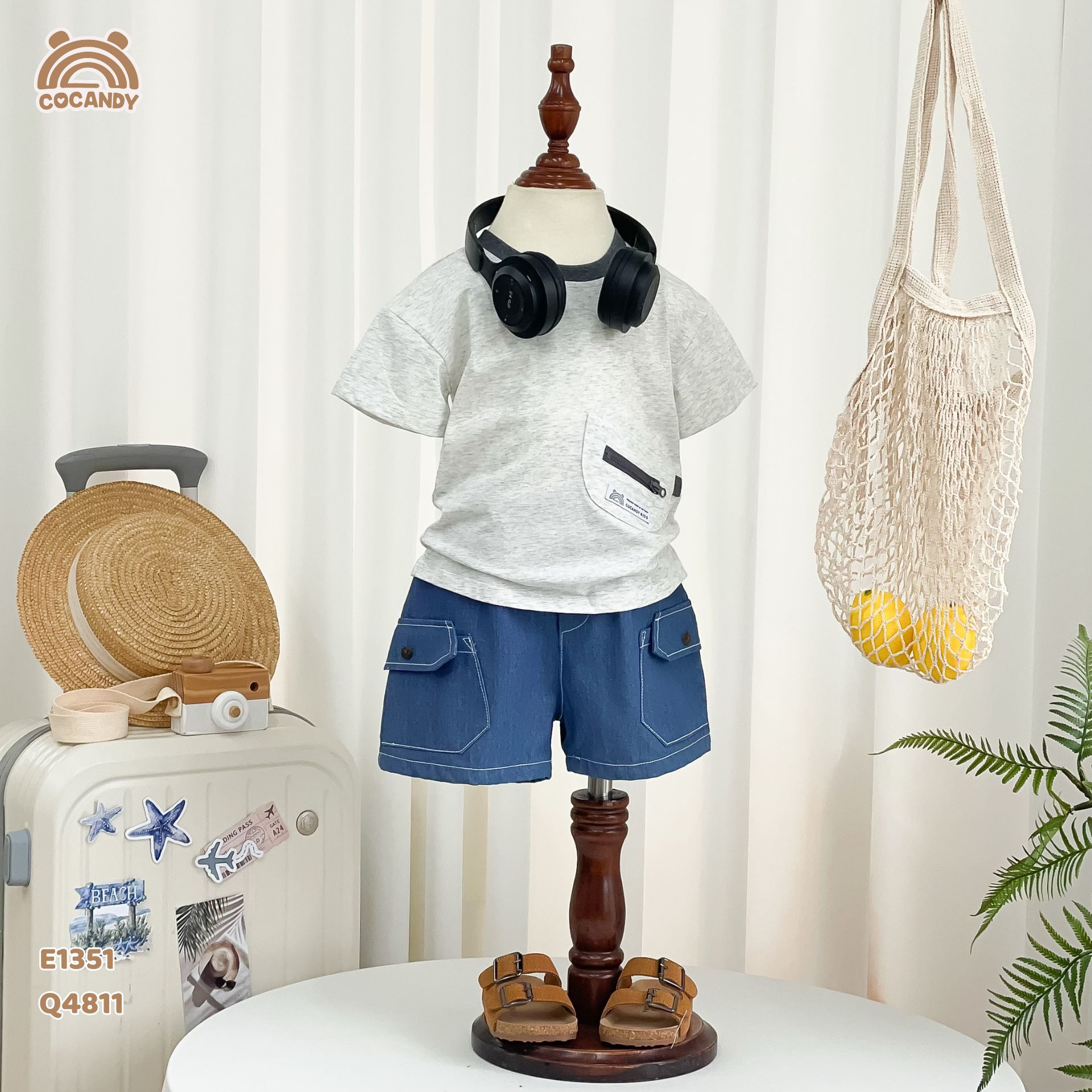 Áo cộc cotton GHI NHẠT phối túi bụng