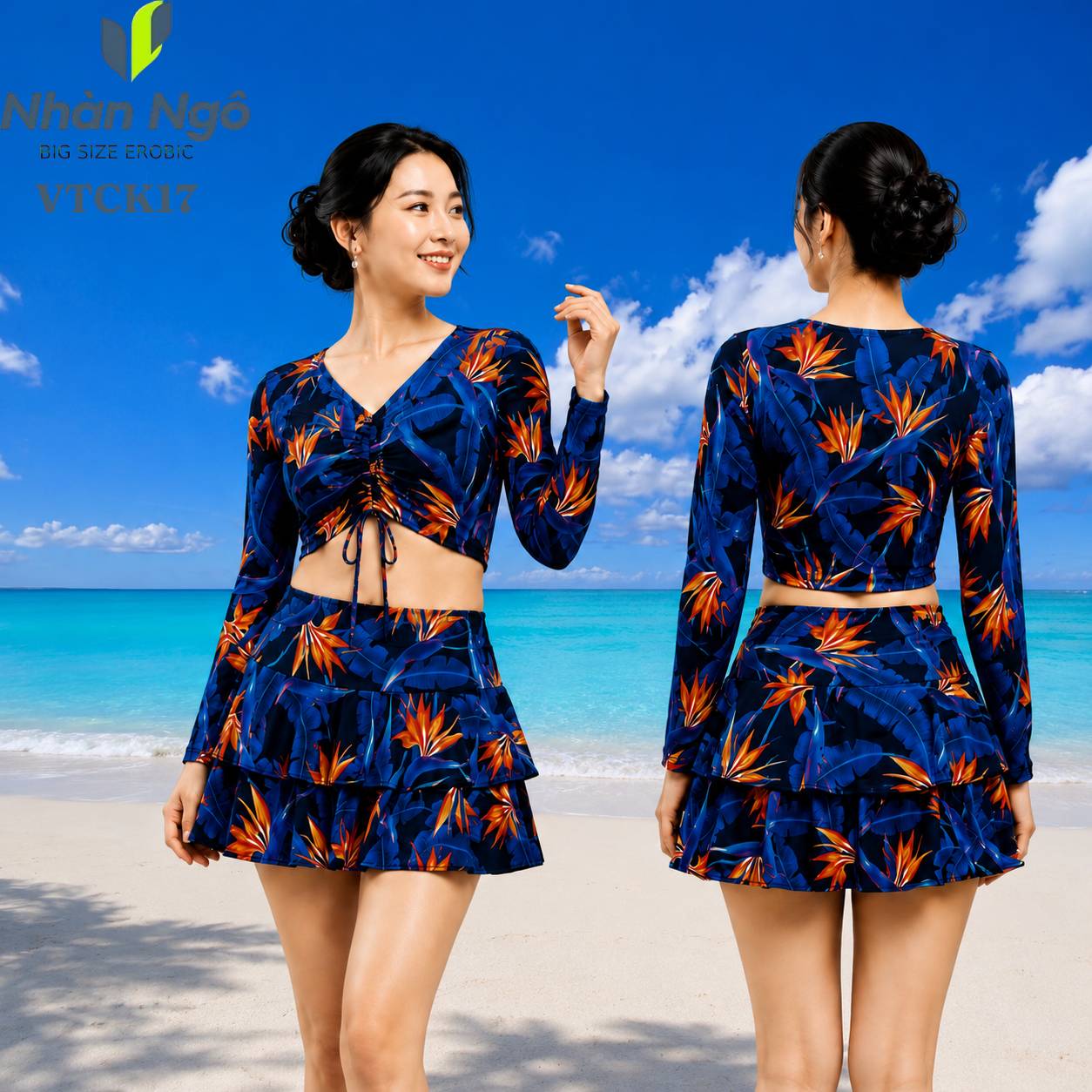 Đồ Bơi Nữ Trung Niên Tay Dài Váy Tầng Che Bụng Kín Đáo VTCK