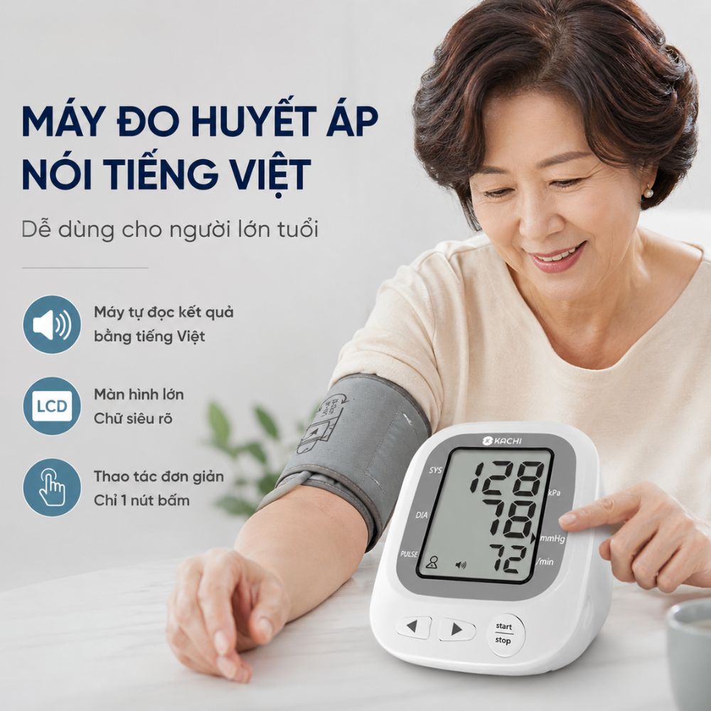 Máy đo huyết áp bắp tay Kachi JN-163B MK | Trợ lý AI đọc kết quả tiếng Việt | Hỗ trợ người cao tuổi mắt kém