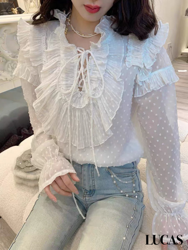 Áo sơ mi voan hạt tơ phối vai, cổ dựng voan xếp ly + buộc nơ cổ