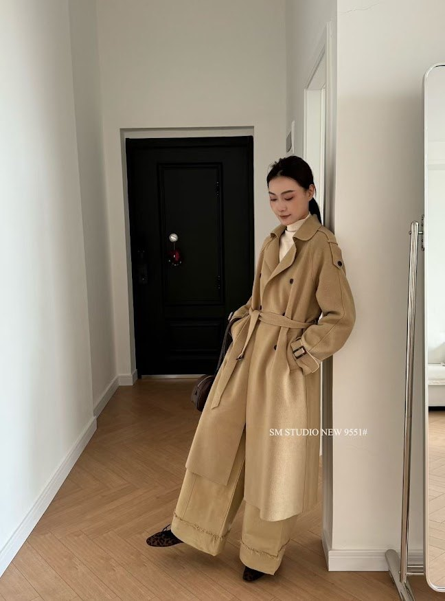 Áo khoác dạ sm cổ vest tay dài đai vai, đai tay dáng dài