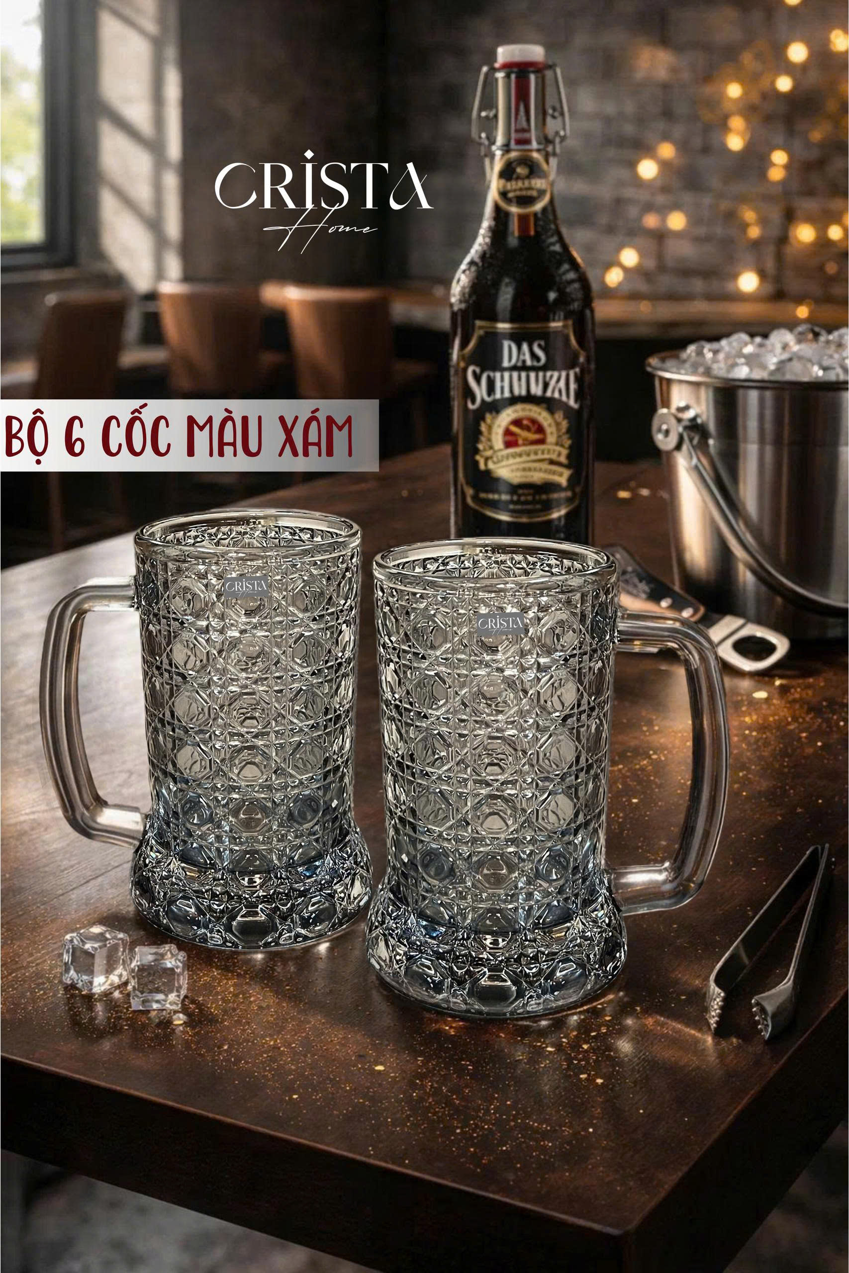 Bộ 6 cốc bia thủy tinh vân pha lê nổi có quai 420ml Crista Home_thumbnail_5