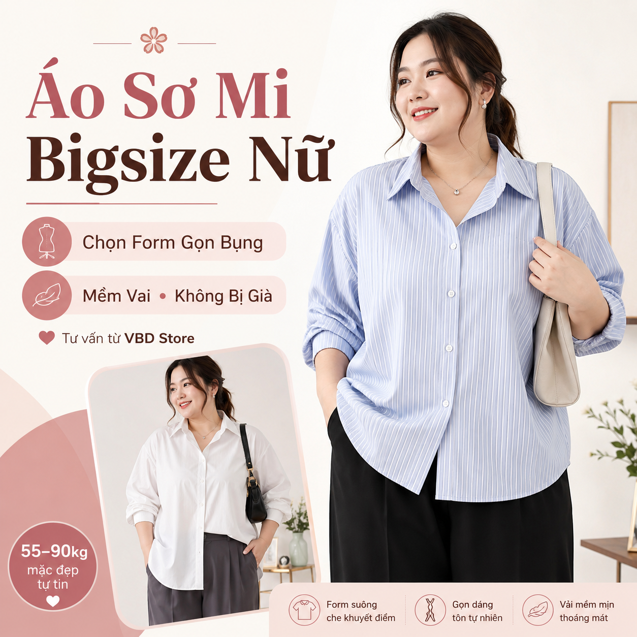Áo Sơ Mi Bigsize Nữ Gọn Bụng, Không Bị Già - VBD