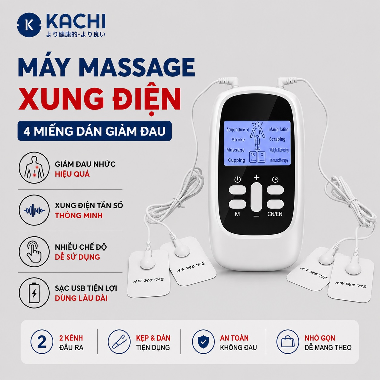 Máy Massage Xung Điện 4 Miếng Dán, 15 Mức Cường Độ, 8 Chế Độ Kachi MK46