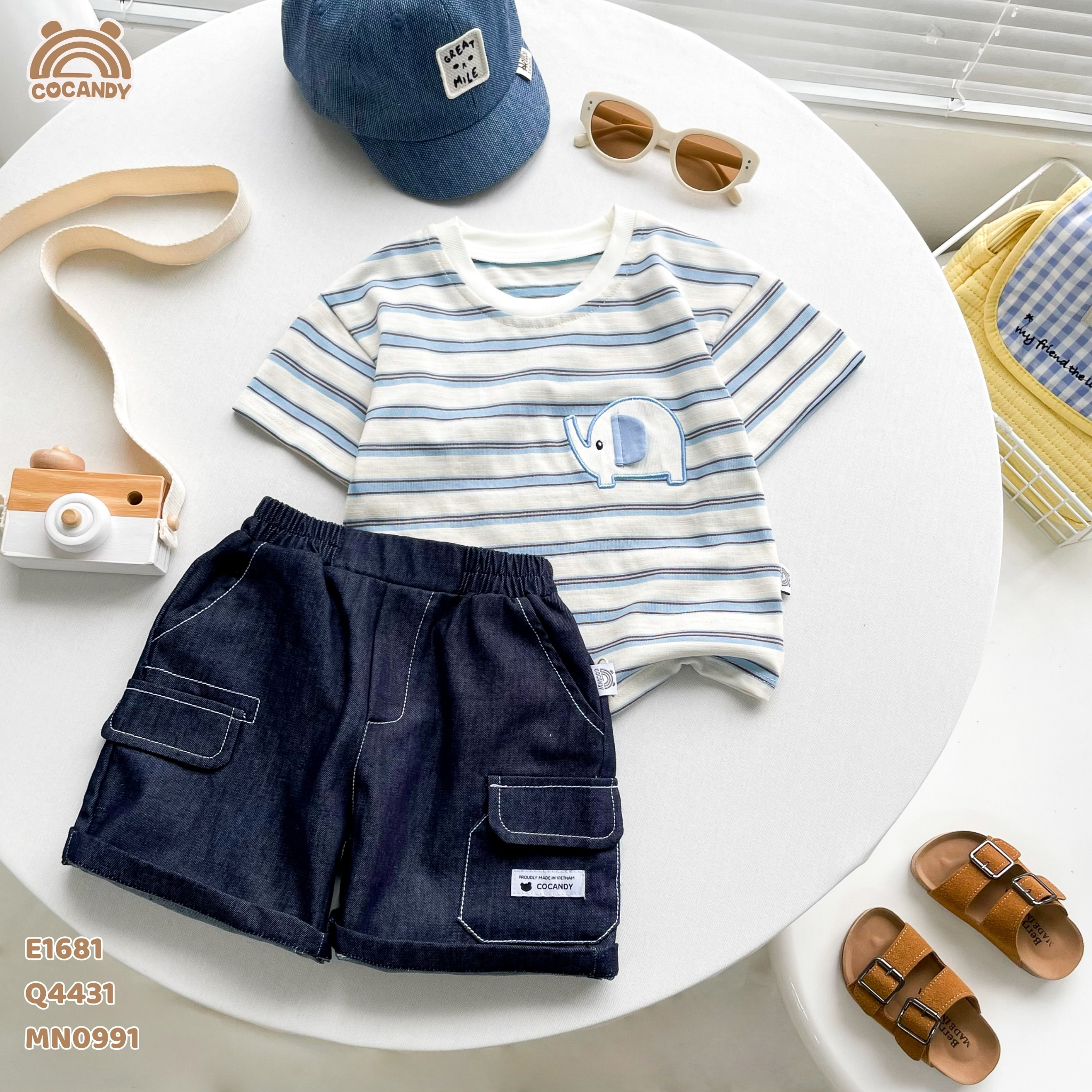 Áo cộc cotton kẻ XANH hình voi_thumbnail_1