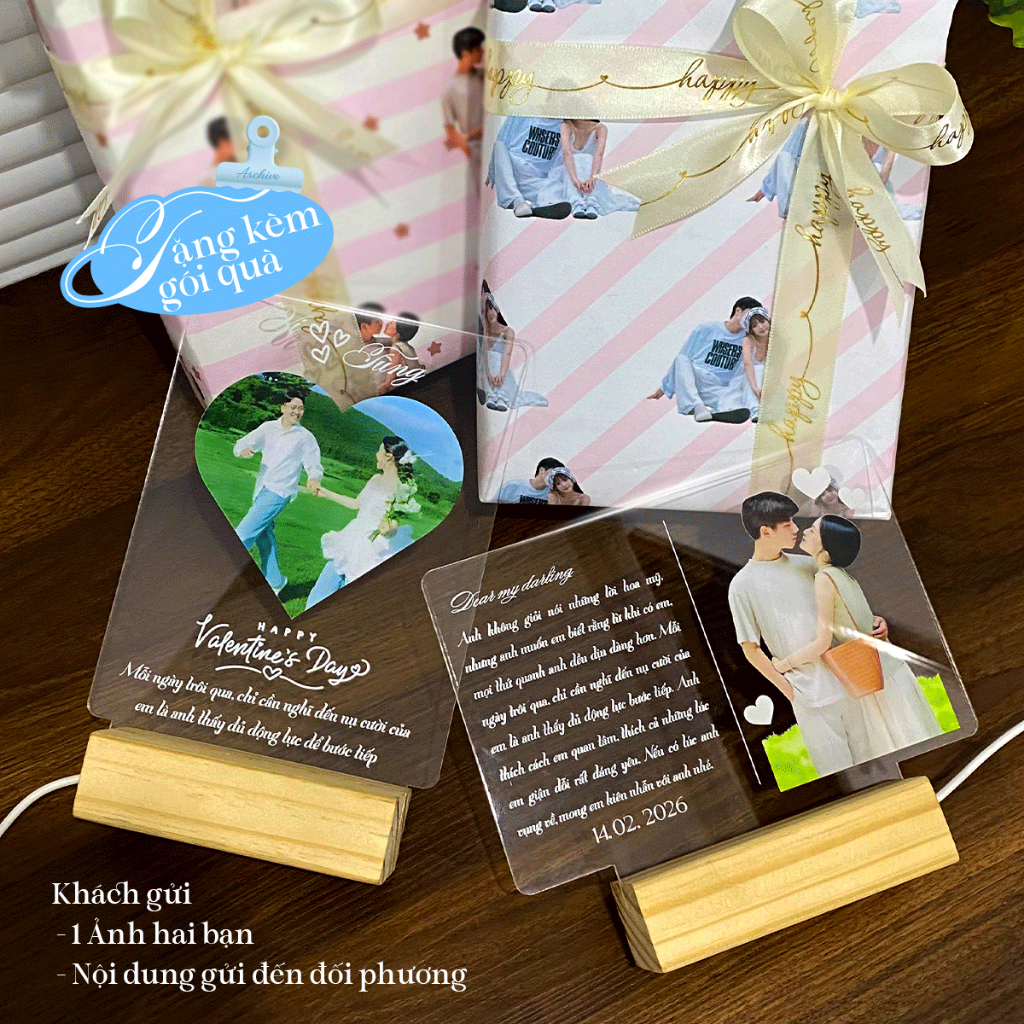 Quà Valentine - Khung ảnh mica đế đèn LED - Thông điệp tình yêu