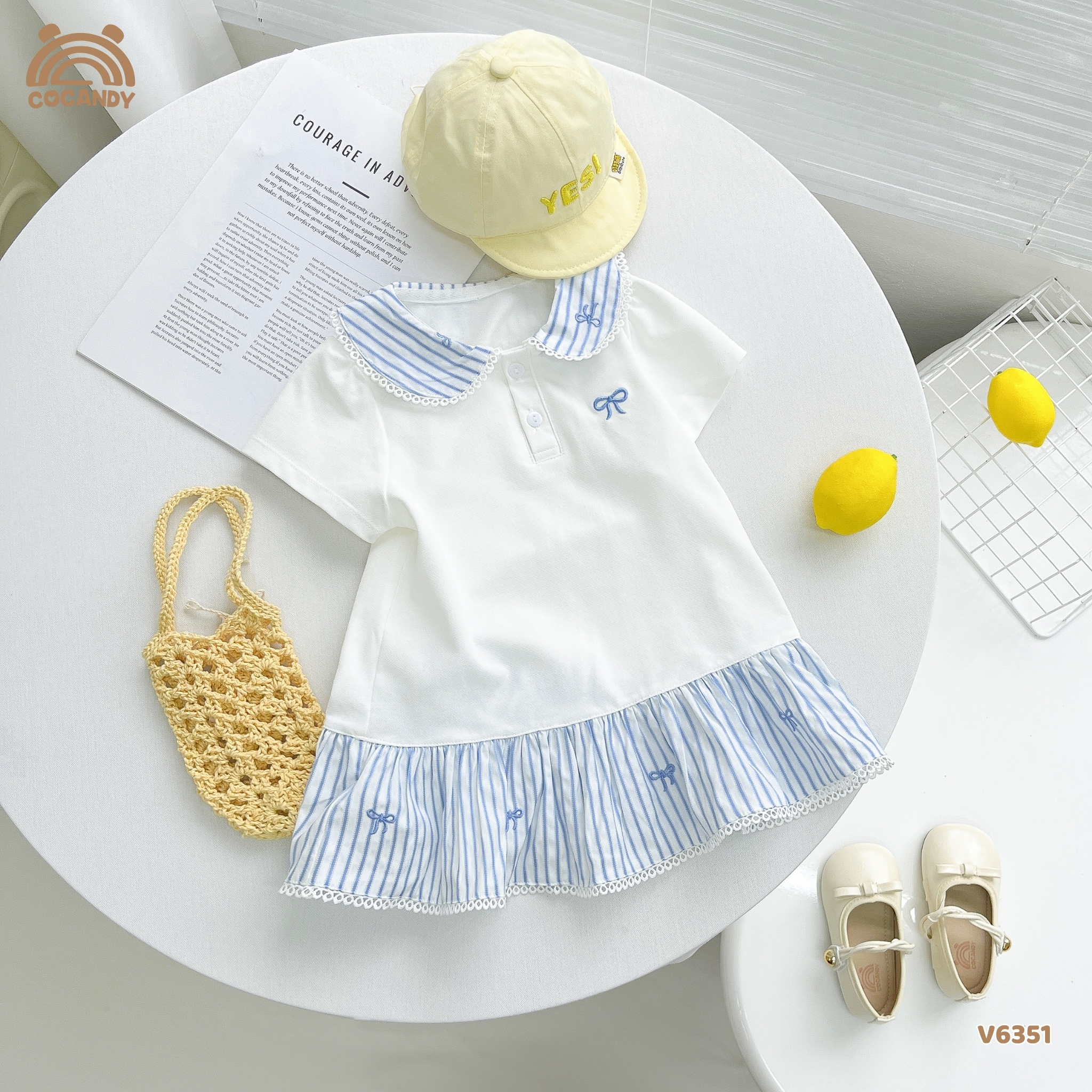 Váy cộc polo TRẮNG phối cổ caro nơ xanh_thumbnail_4