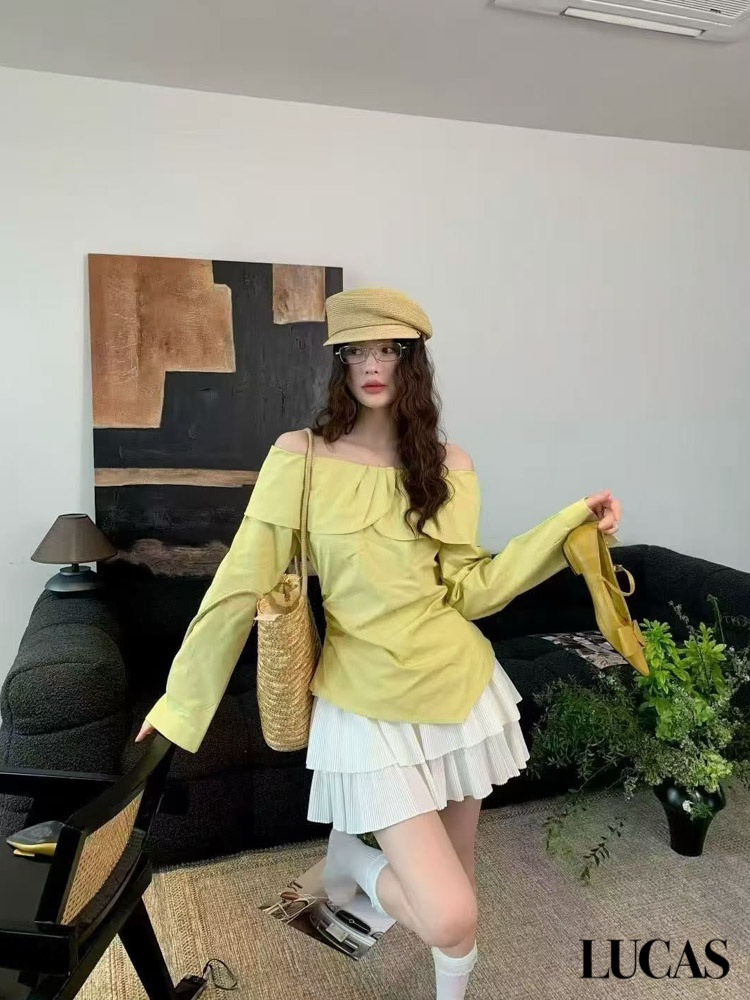 Áo sơ mi trễ vai bèo cổ đan xếp ly gấu vạt chéo dài tay_thumbnail_1