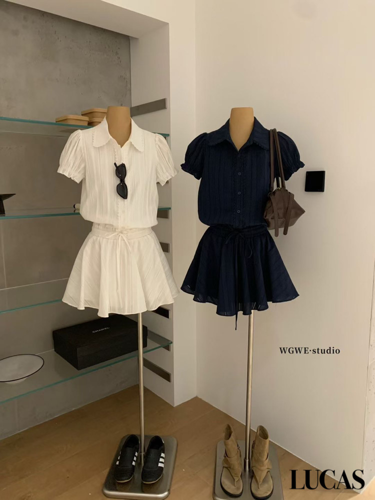 Set áo thô thêu cổ đức cộc tay + chân váy xòe cạp nơ dáng ngắn WGWE