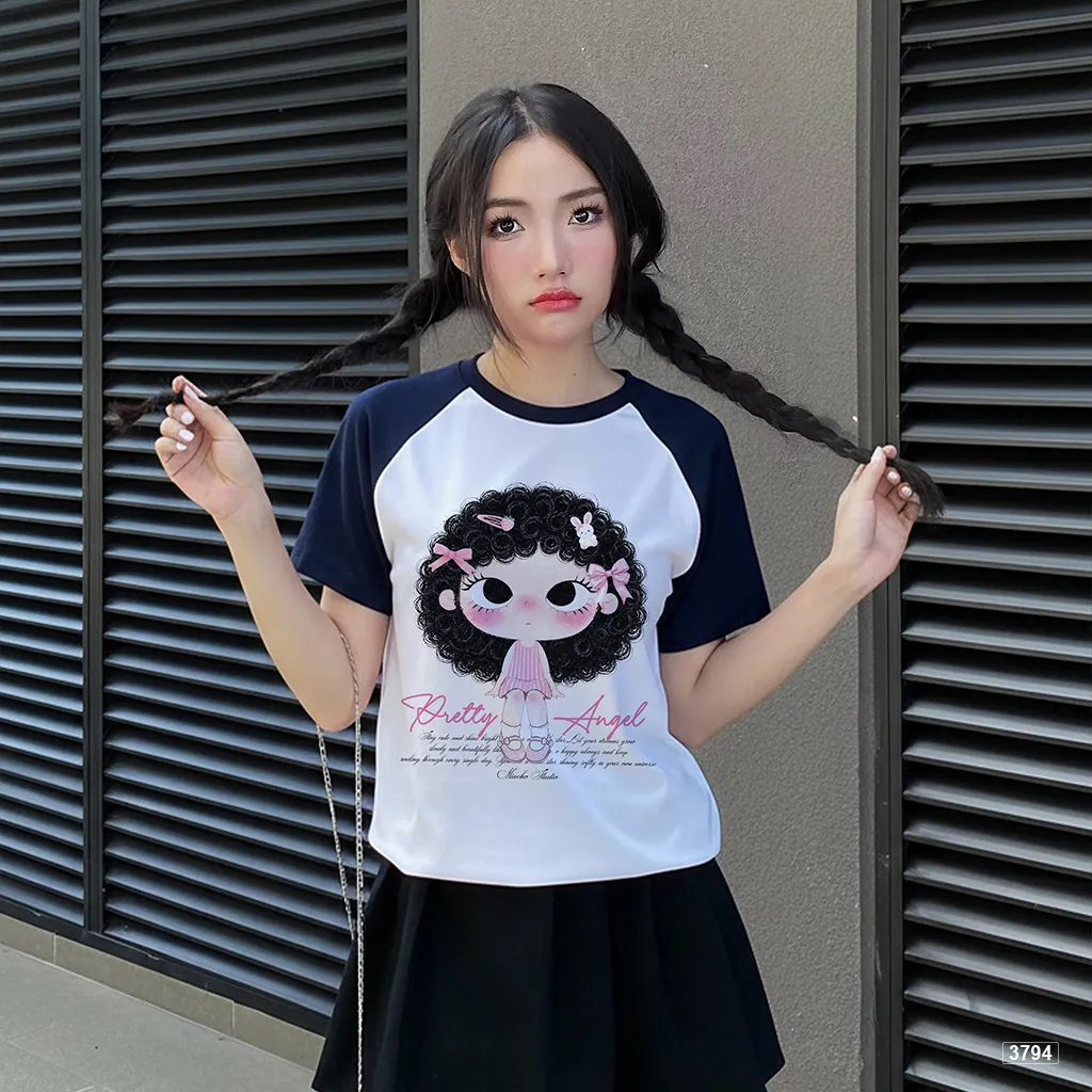 Áo babytee raglan mix màu Pretty Angel bé gái tóc xoăn phong cách Hàn Quốc Miucho 3794_thumbnail_5