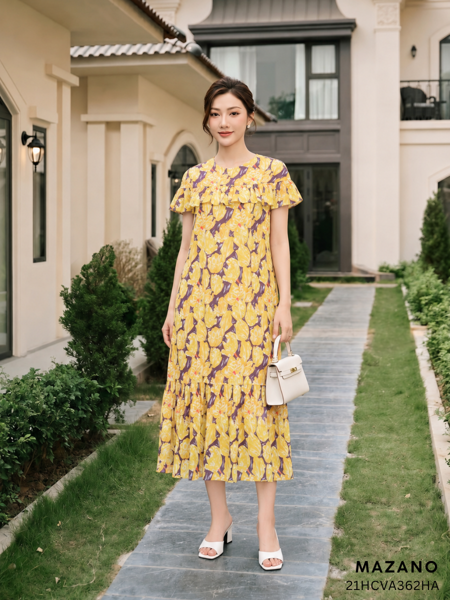 Đầm suông họa tiết hoa tuy-lip vàng bèo ngực