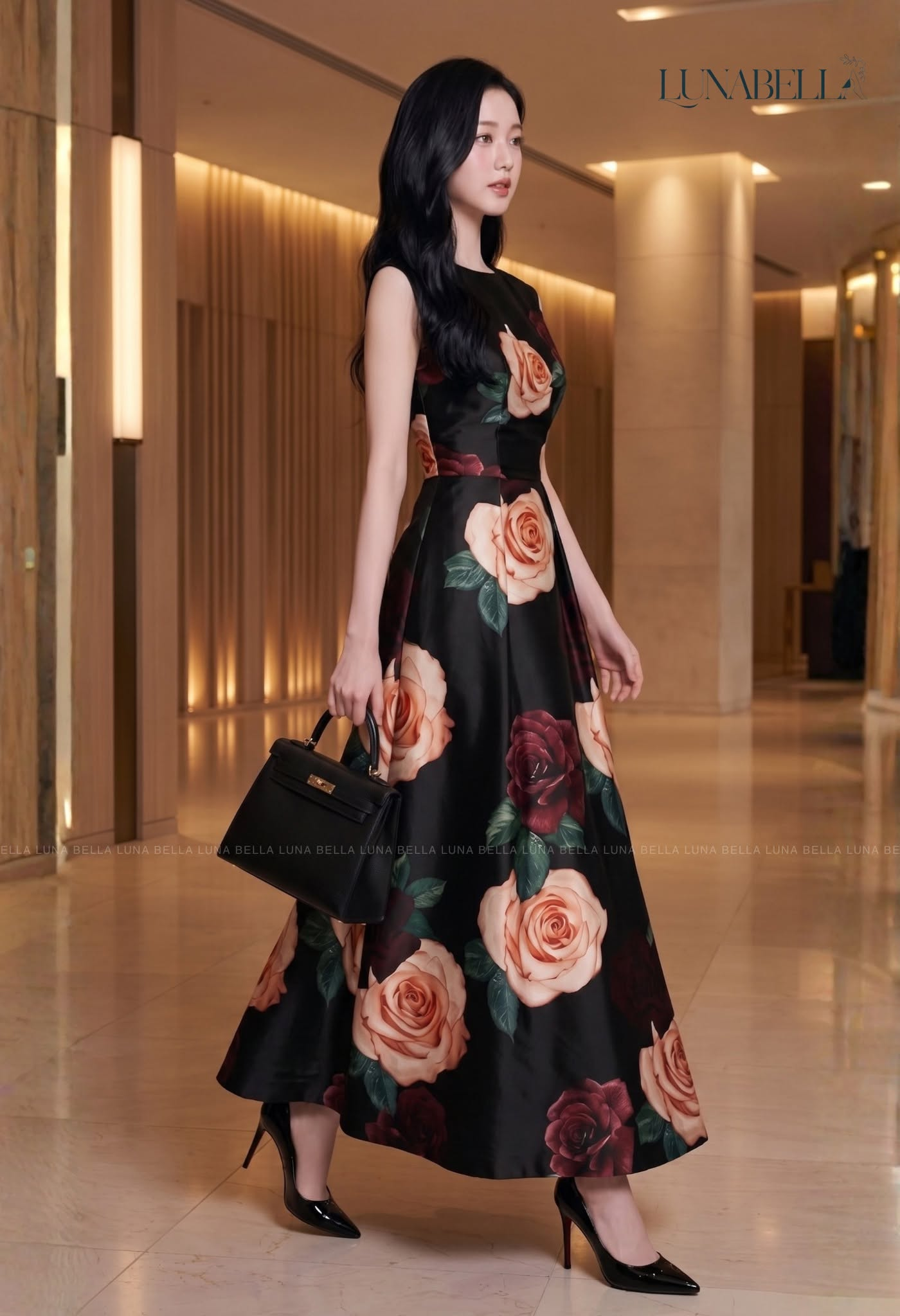 Váy dài in hoa hồng LORENA màu ĐEN