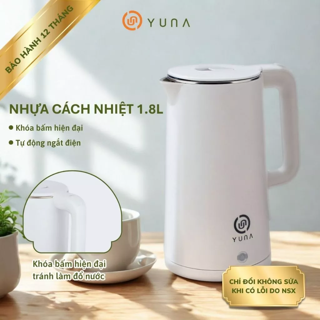 Ấm Đung Siêu Tốc, Bình Đun Nước Siêu Tốc Tự Ngắt 2 Lớp YUNA Dung Tích Lớn 2.3L (Dung Tích Sử Dụng 1.8L) BH 12 Tháng