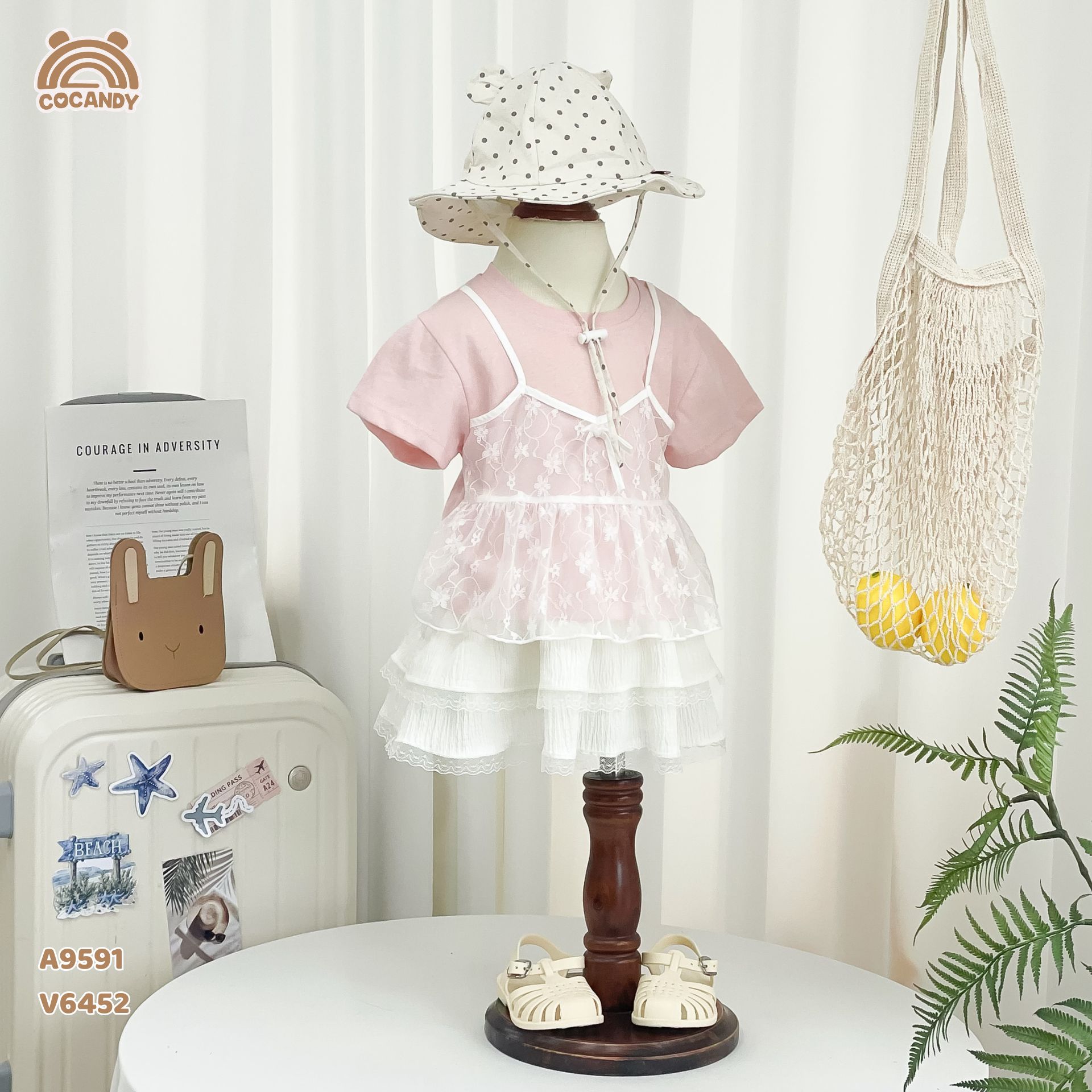 Áo cộc HỒNG giả yếm ren trắng