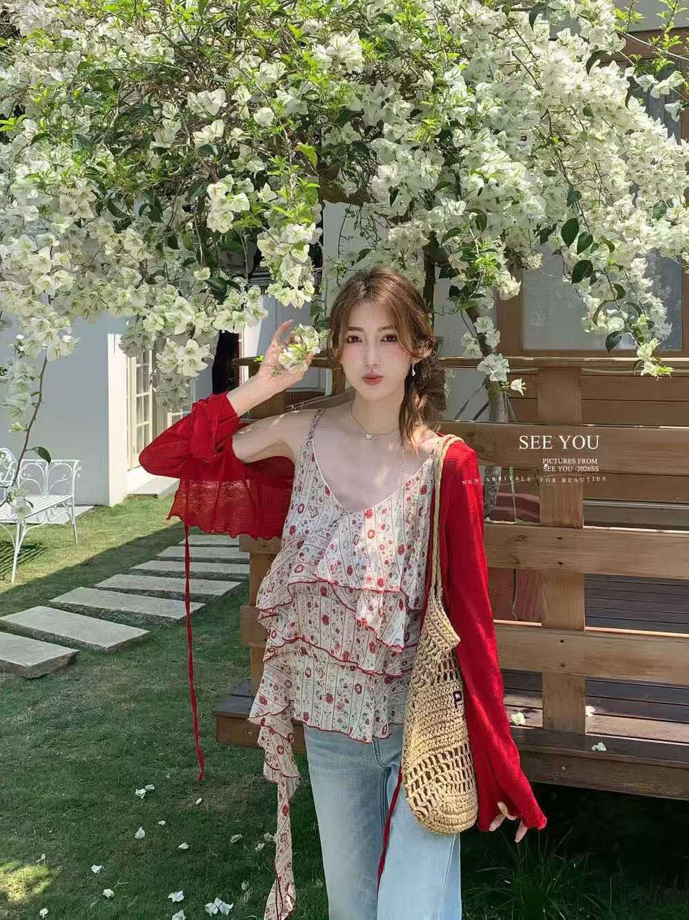 Lucas - Set áo sơ mi 2 dây hoa bèo tầng + áo cardigan dài tay chất thun