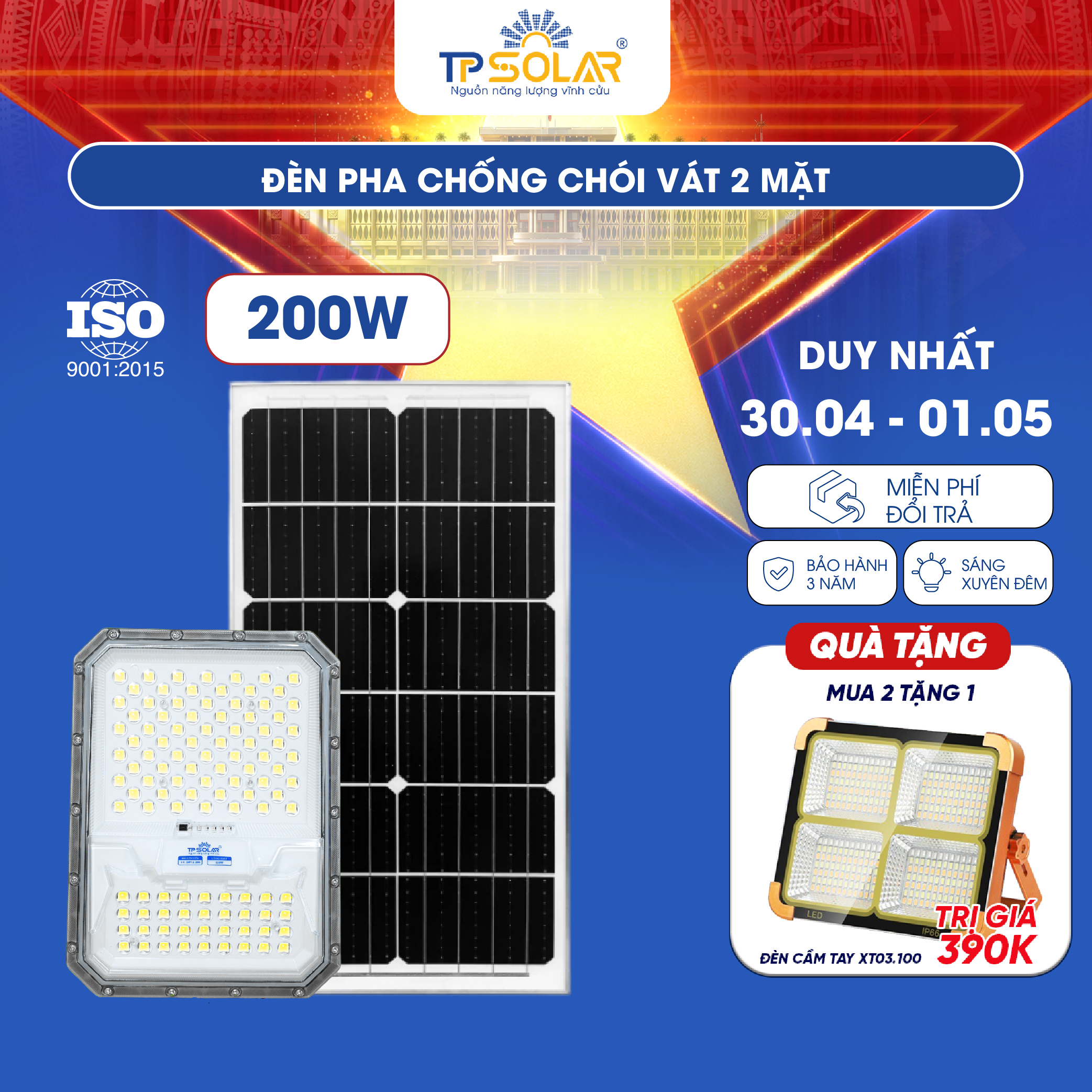 Đèn pha chống chói vát 2 mặt năng lượng mặt trời TP.DP12