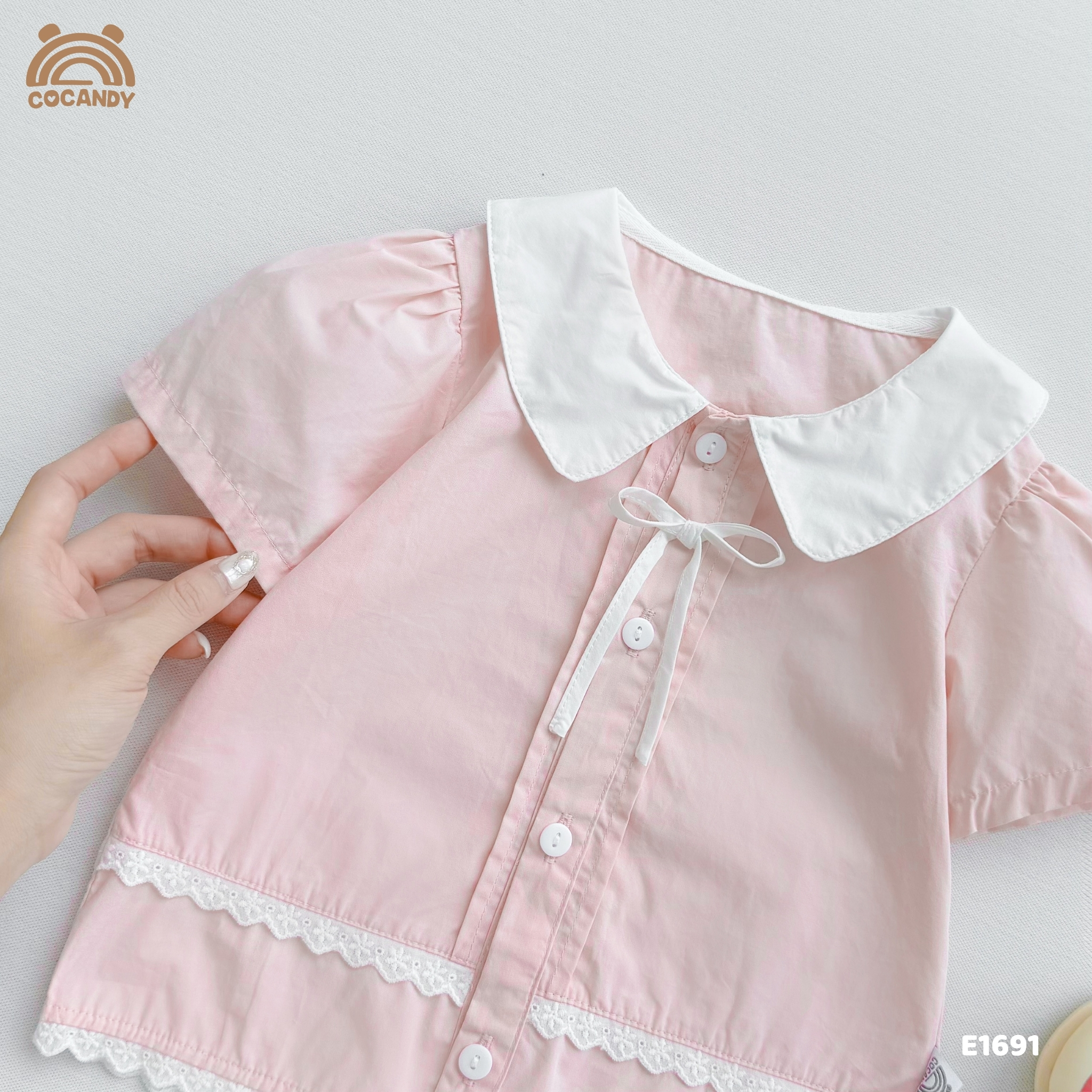 Áo cộc sơ mi thô HỒNG li dọc phối nơ_thumbnail_4