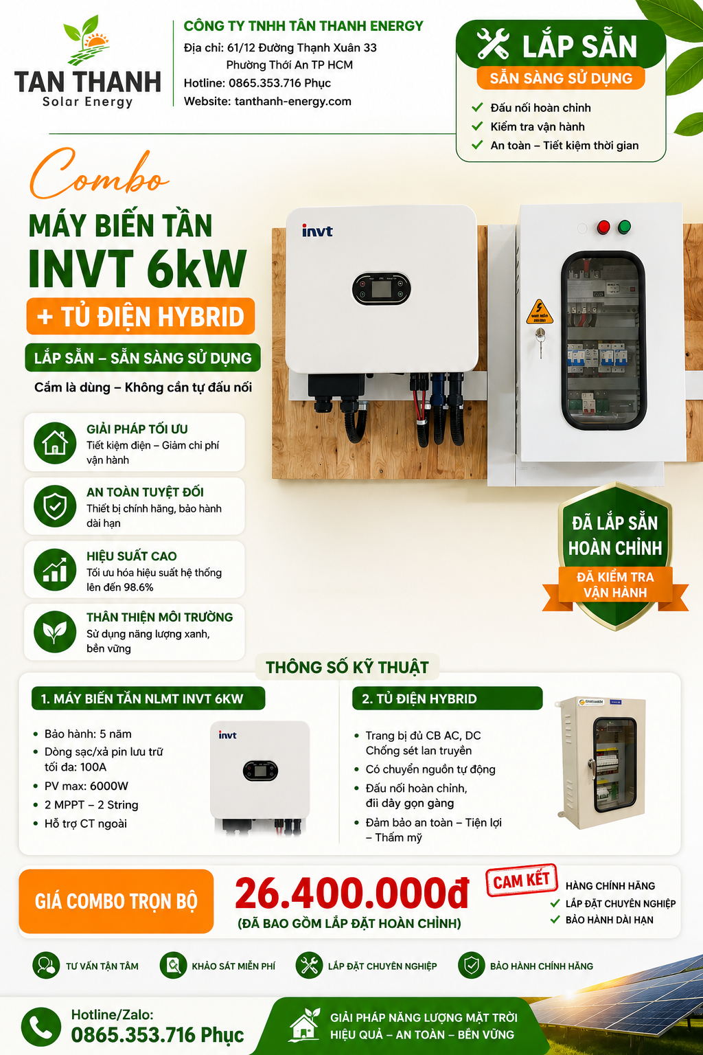 COMBO MÁY BIẾN TẦN NLMT INVT 6kW + TỦ ĐIỆN HYBRID LẮP SẴN