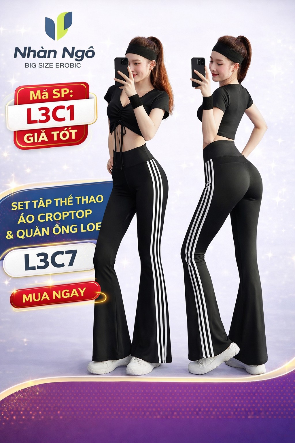 Set Tập Yoga, Gym Nữ Croptop Rút Dây Và Quần Ống Loe Cạp Cao mã L3C