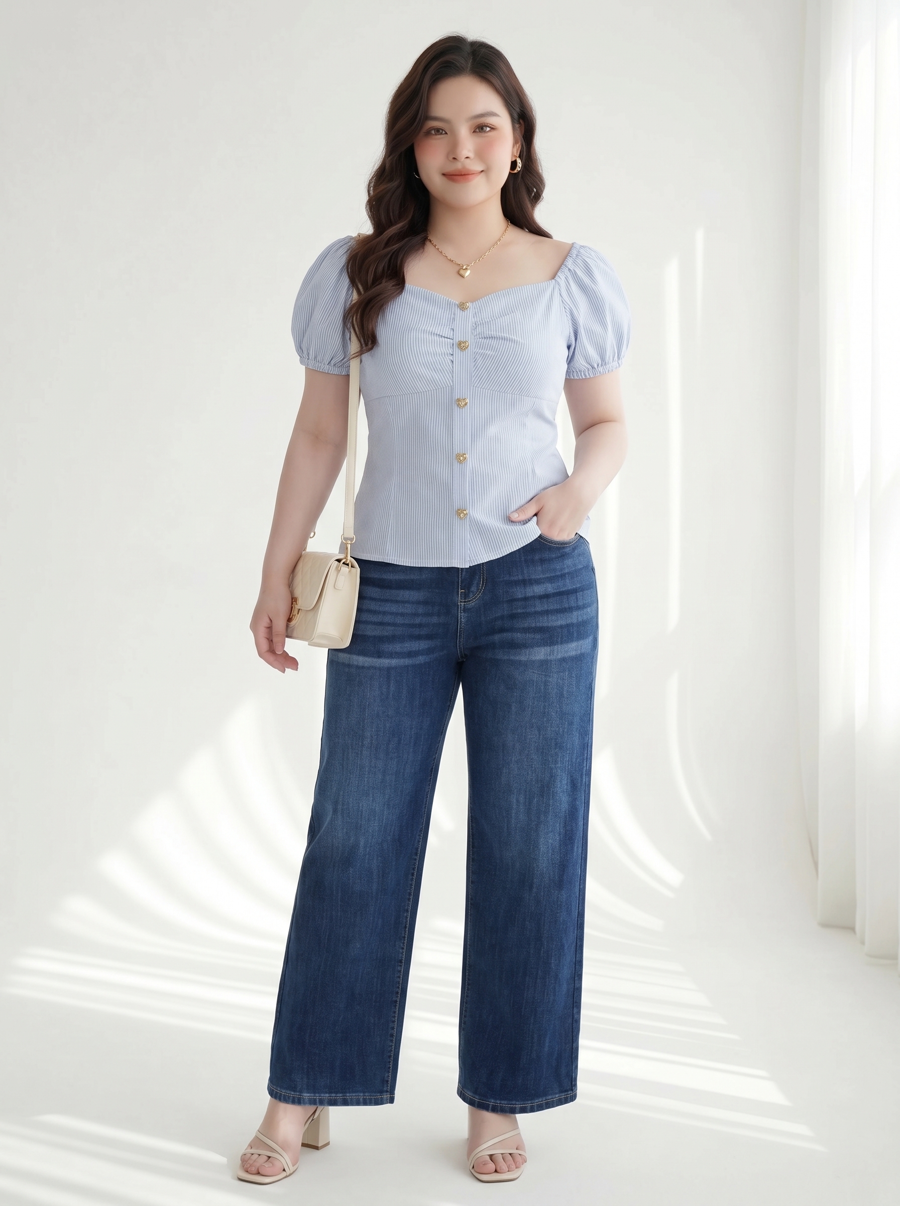 Áo Kiểu Phối Nút Bigsize Smocking Ôm Dáng - Xanh Sọc - Vừa 55-90kg - AK106