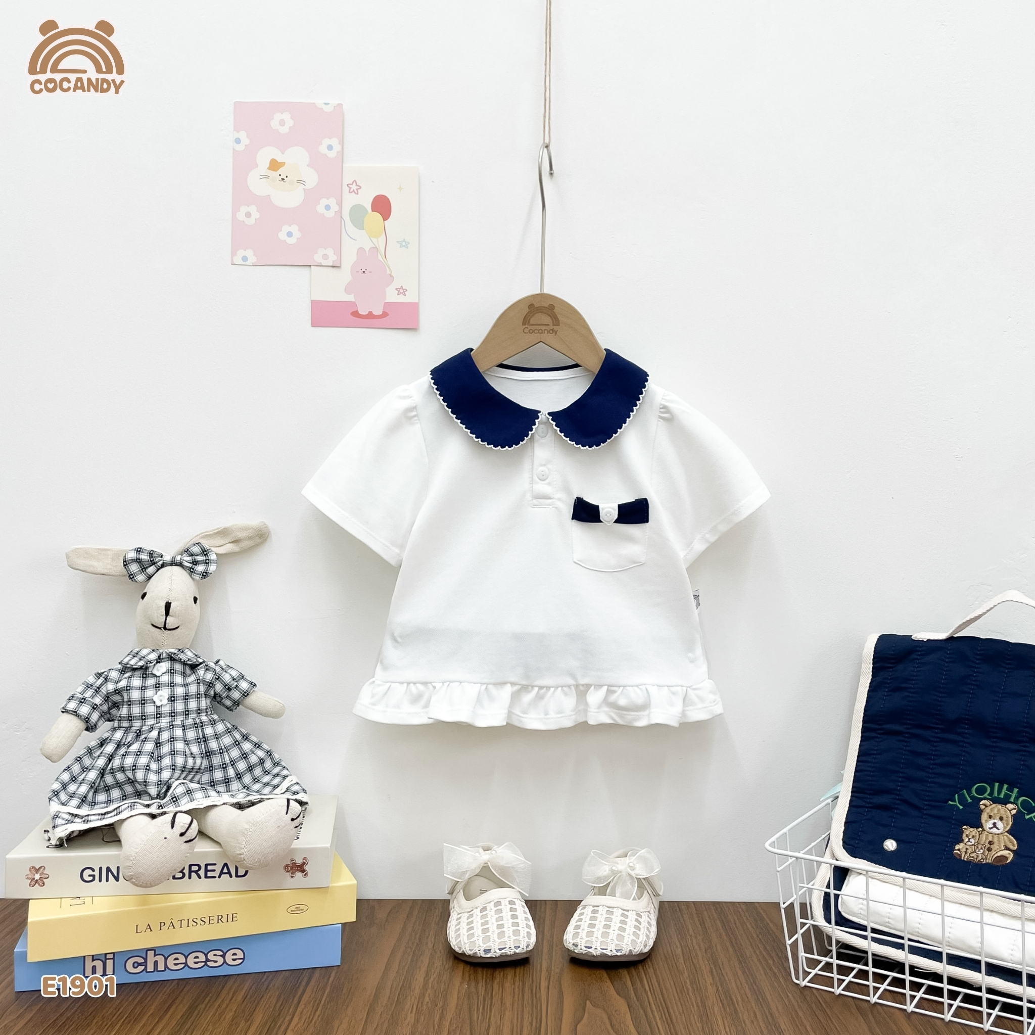 Áo cộc TRẮNG phối cổ túi nơ xanh navy_thumbnail_2