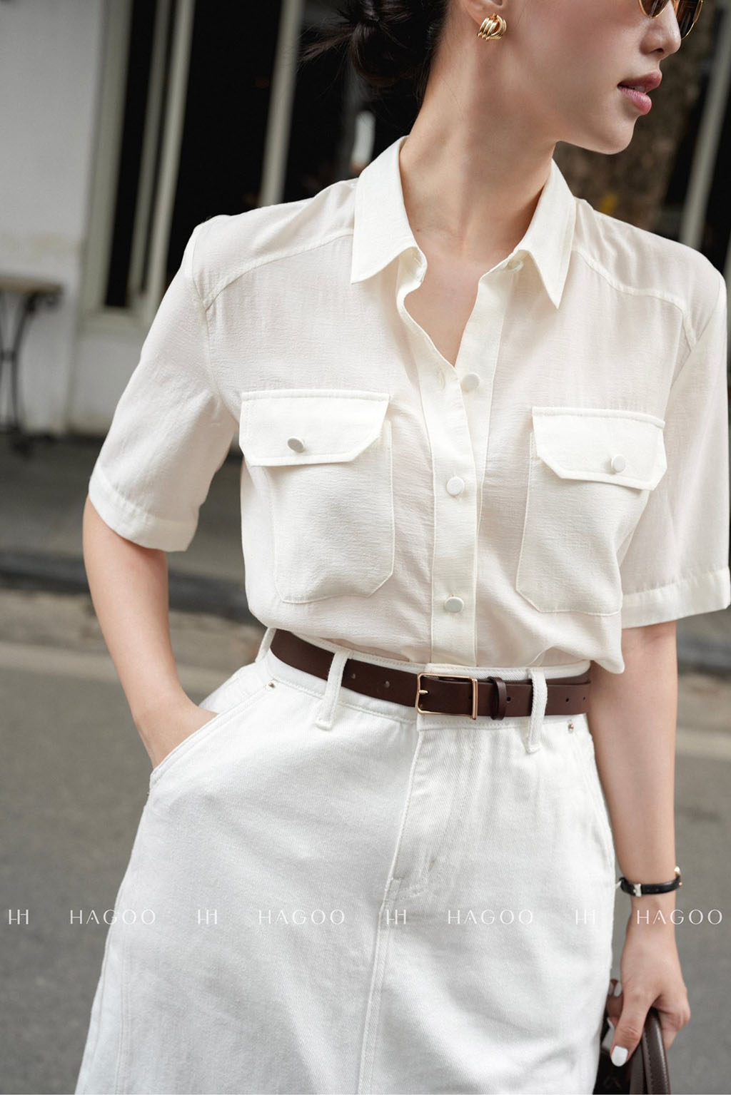 Áo sơ mi tay cộc túi ốp