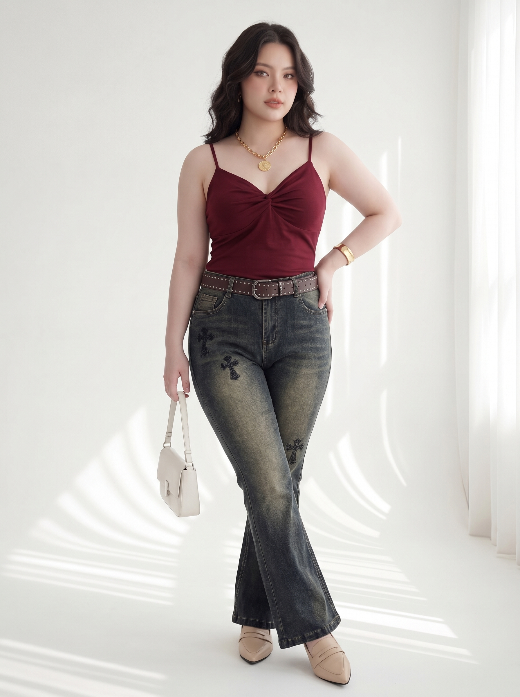 BIGSIZE NỮ - Quần jean loe thêu chữ thập T-QJ518