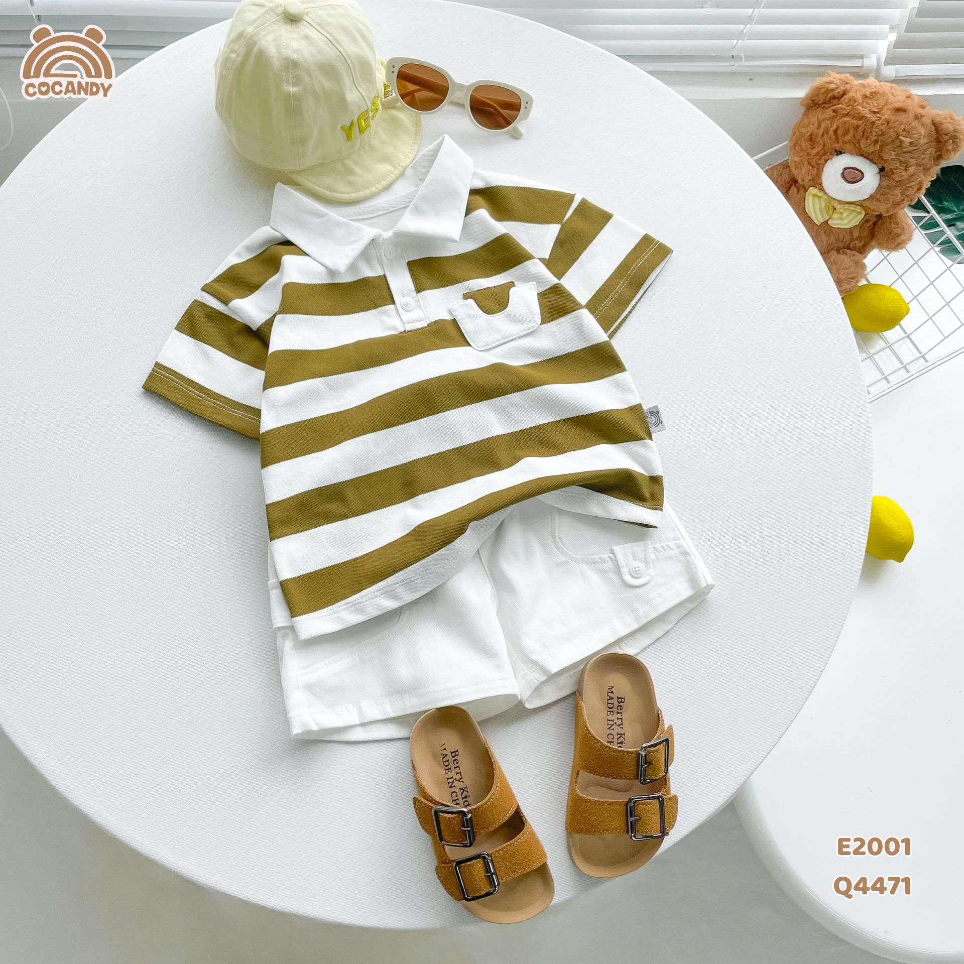 Áo cộc polo kẻ XANH RÊU phối trắng phối ngực