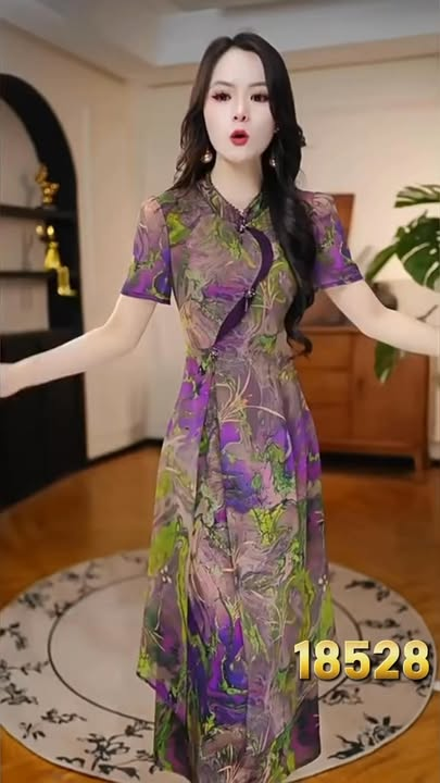 18528-Đầm voan xòe giả cách tin họa loang tím xanh ( voan,lót)