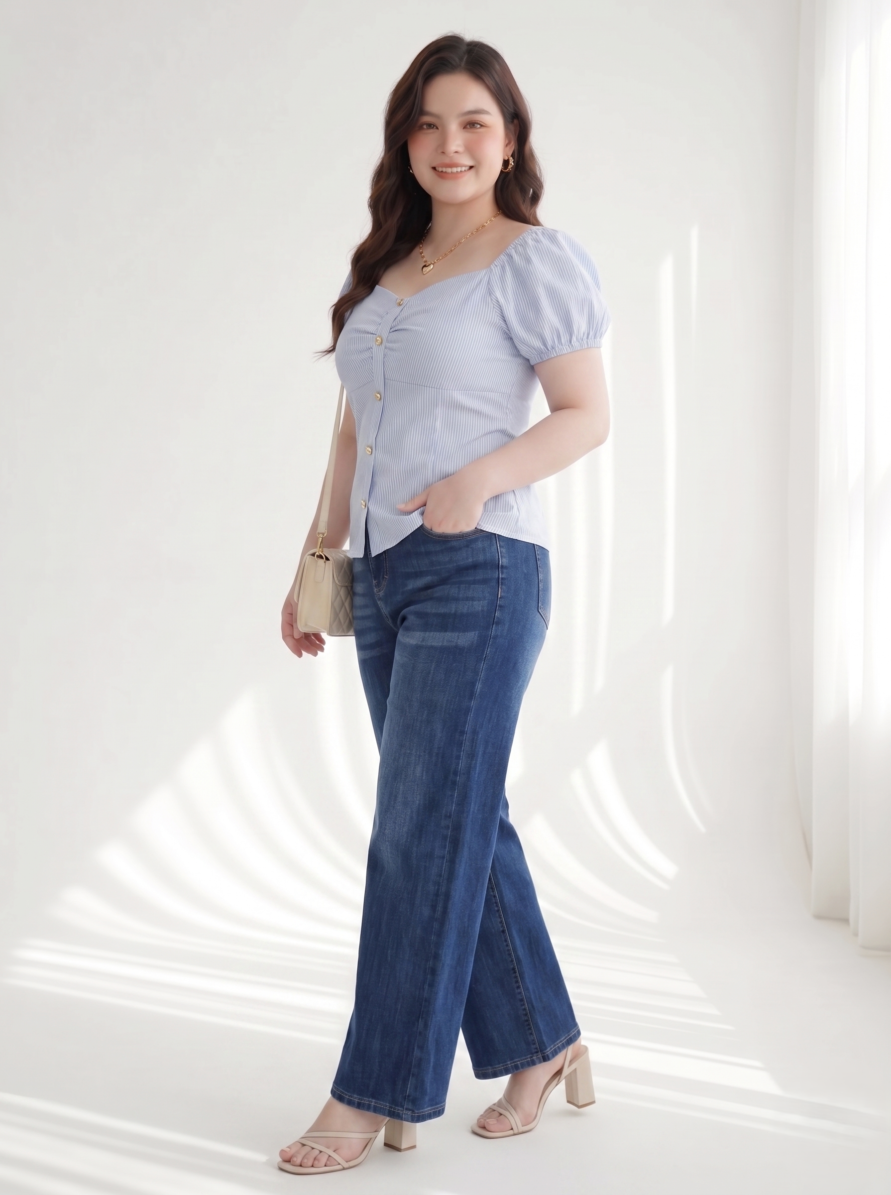 Áo Kiểu Phối Nút Bigsize Smocking Ôm Dáng - Xanh Sọc - Vừa 55-90kg - AK106