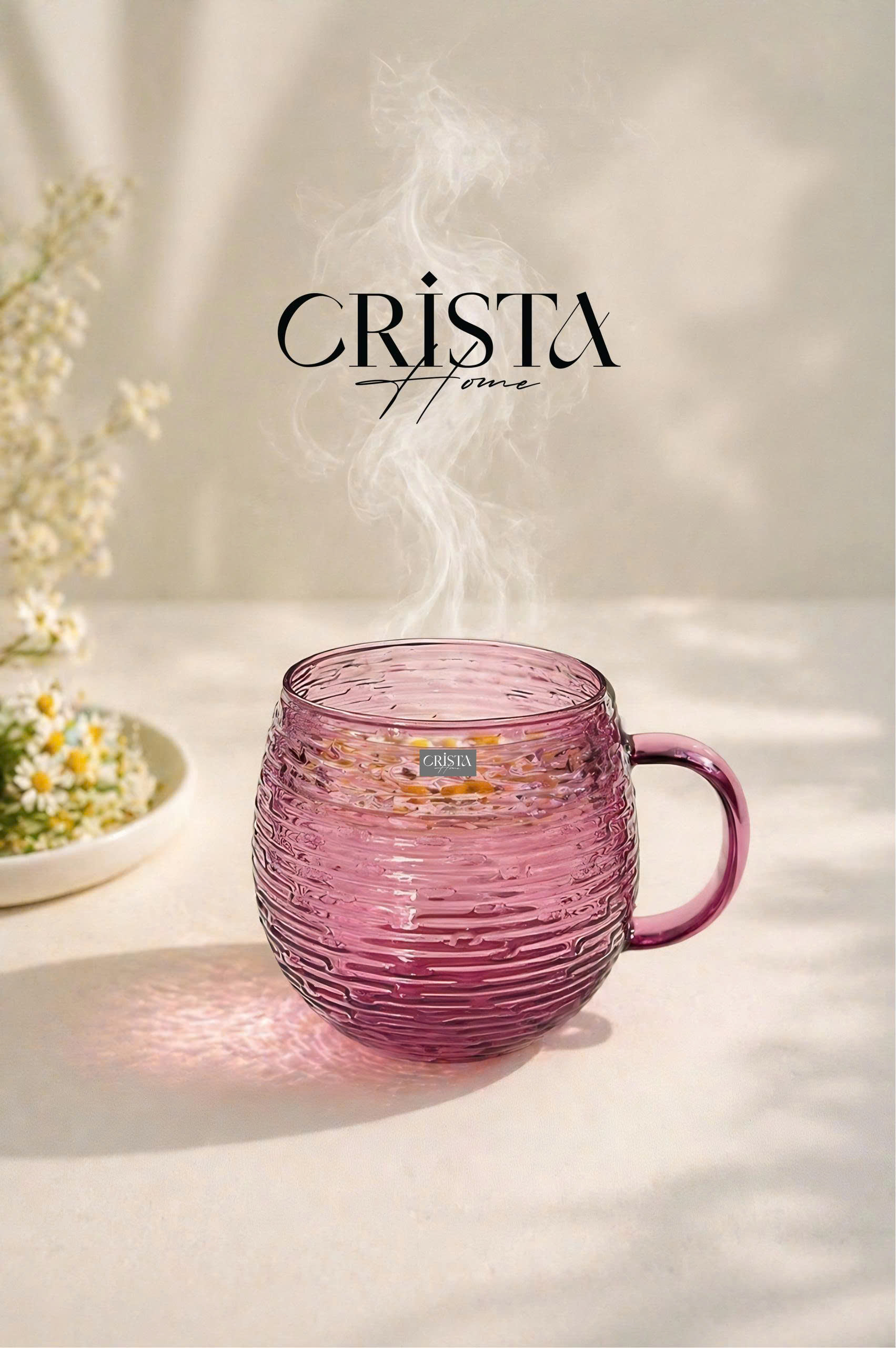 Bộ 6 cốc thủy tinh dáng bầu vân ngang có quai 350ml CRISTA HOME