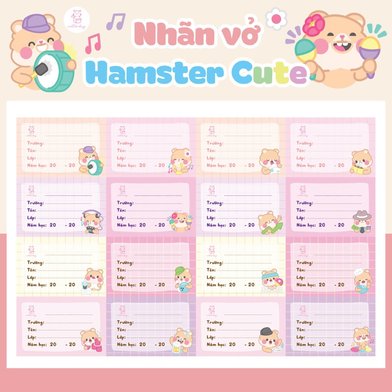 (In tên theo yêu cầu) Set 24 nhãn vở CHUỘT HAMSTER Cute cực phẩm pastel