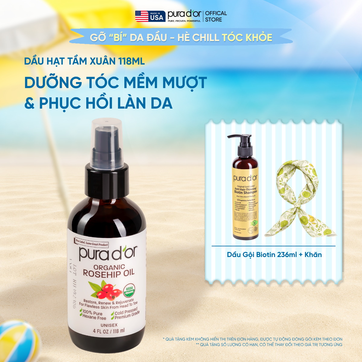 Dầu Hạt Tầm Xuân Nguyên Chất Hữu Cơ Pura D'or Organic Rosehip Seed Oil  – Giúp Phục Hồi Làn Da & Dưỡng Tóc Mềm Mượt 118ml