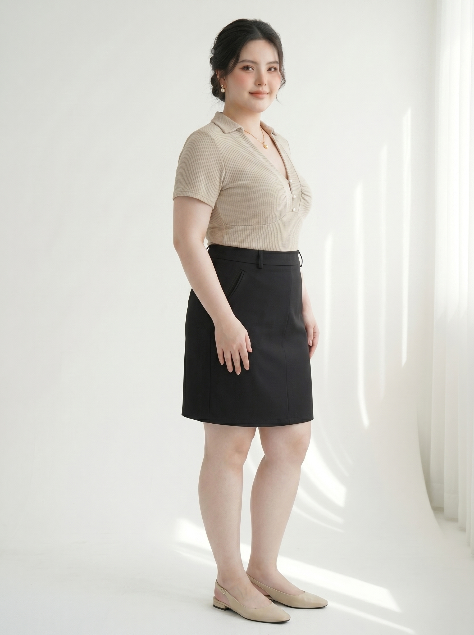 Chân Váy Dáng A Bigsize Lưng Cao Xẻ Tà Gọn Hông - Đen - Vừa 55-95kg - V-CV038_thumbnail_2