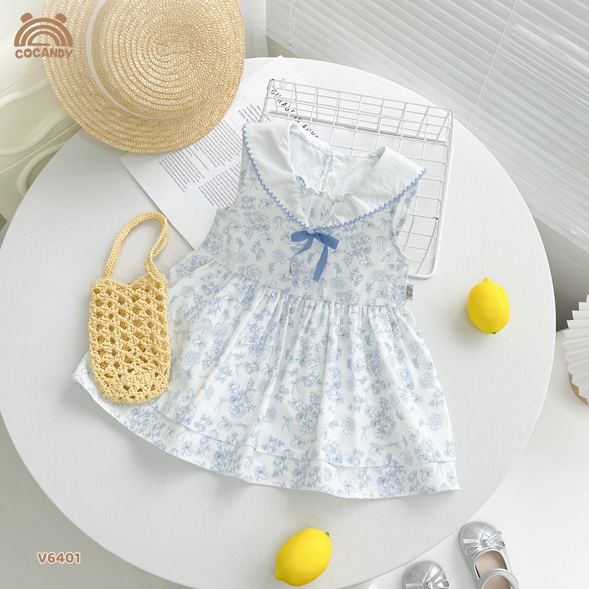 Váy sát nách linen TRẮNG hoa nhí xanh cổ nơ_thumbnail_1