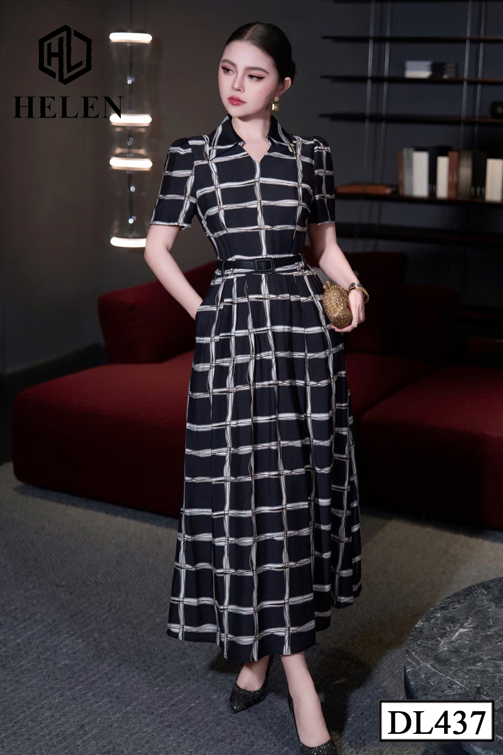 Đầm xòe họa tiết đen kẻ trắng + kèm đai DL437