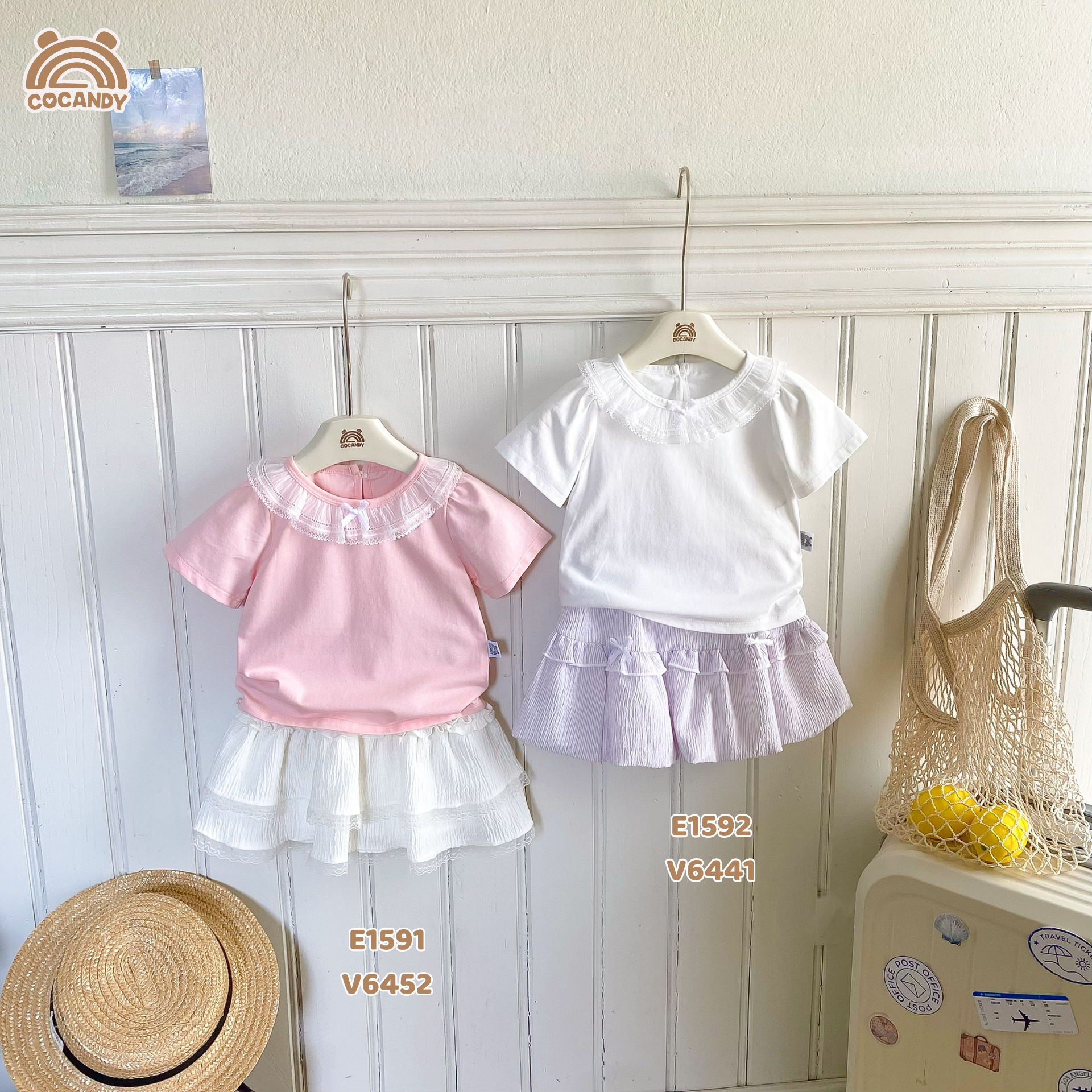 Áo cộc cotton TRẮNG nhún bèo cổ phối nơ_thumbnail_5