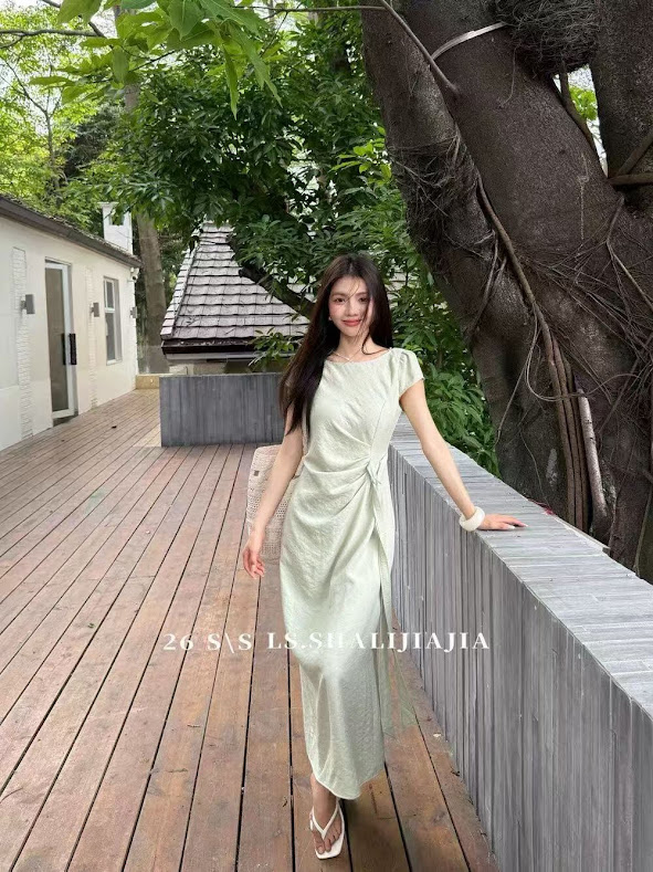Lucas - Váy cổ thuyền cộc tay dáng dài may rúm phối dây buộc lệch eo_thumbnail_8