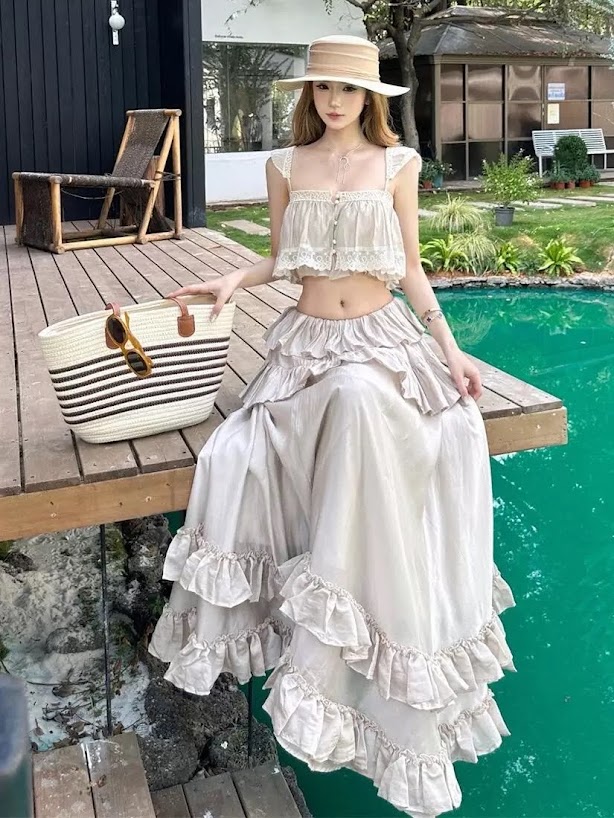 Lucas - Set áo 2 dây vải đũi nhăn viền ren gấu + tay hến + chân váy maxi xòe may nhún nhiều tầng_thumbnail_1