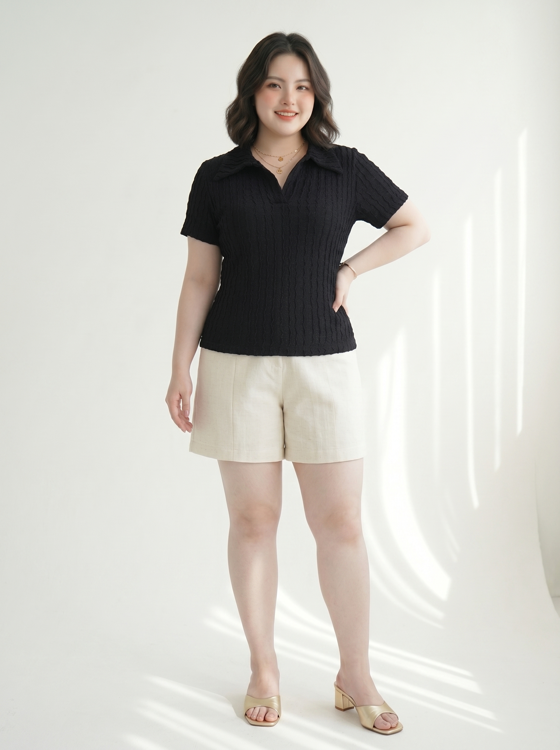 Áo Thun Polo Sọc Gân Bigsize Co Giãn Dễ Phối, Gọn Dáng Nhẹ - Đen/Kem - Vừa 55-95kg - V-AK100