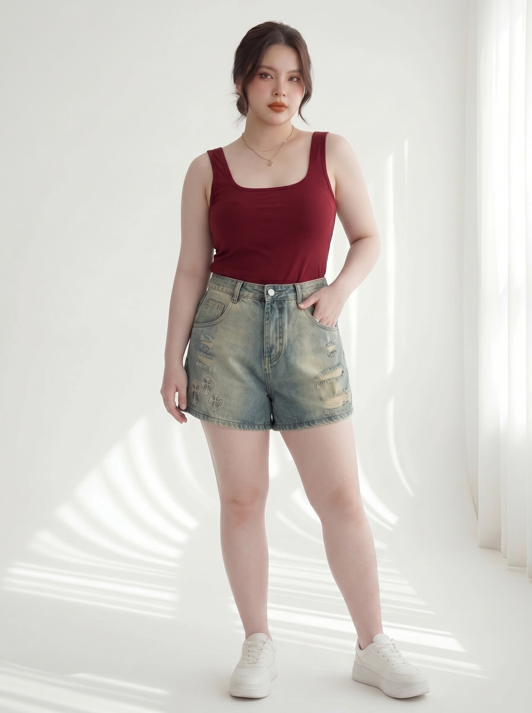 Quần Short Jean Lưng Thun Thêu Chữ Thập Bigsize Gọn Đùi - Xanh Đậm/Xanh Bụi - Vừa 55-90kg - T-QSJ1318_thumbnail_3