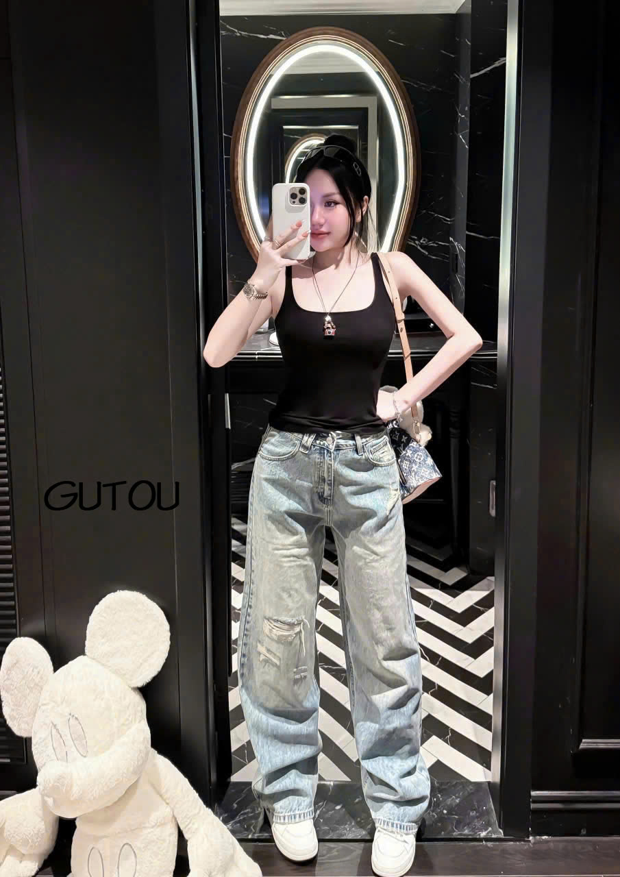 [ GUTOU ] Quần Jean Suông Wash Nhẹ Rách Gối
