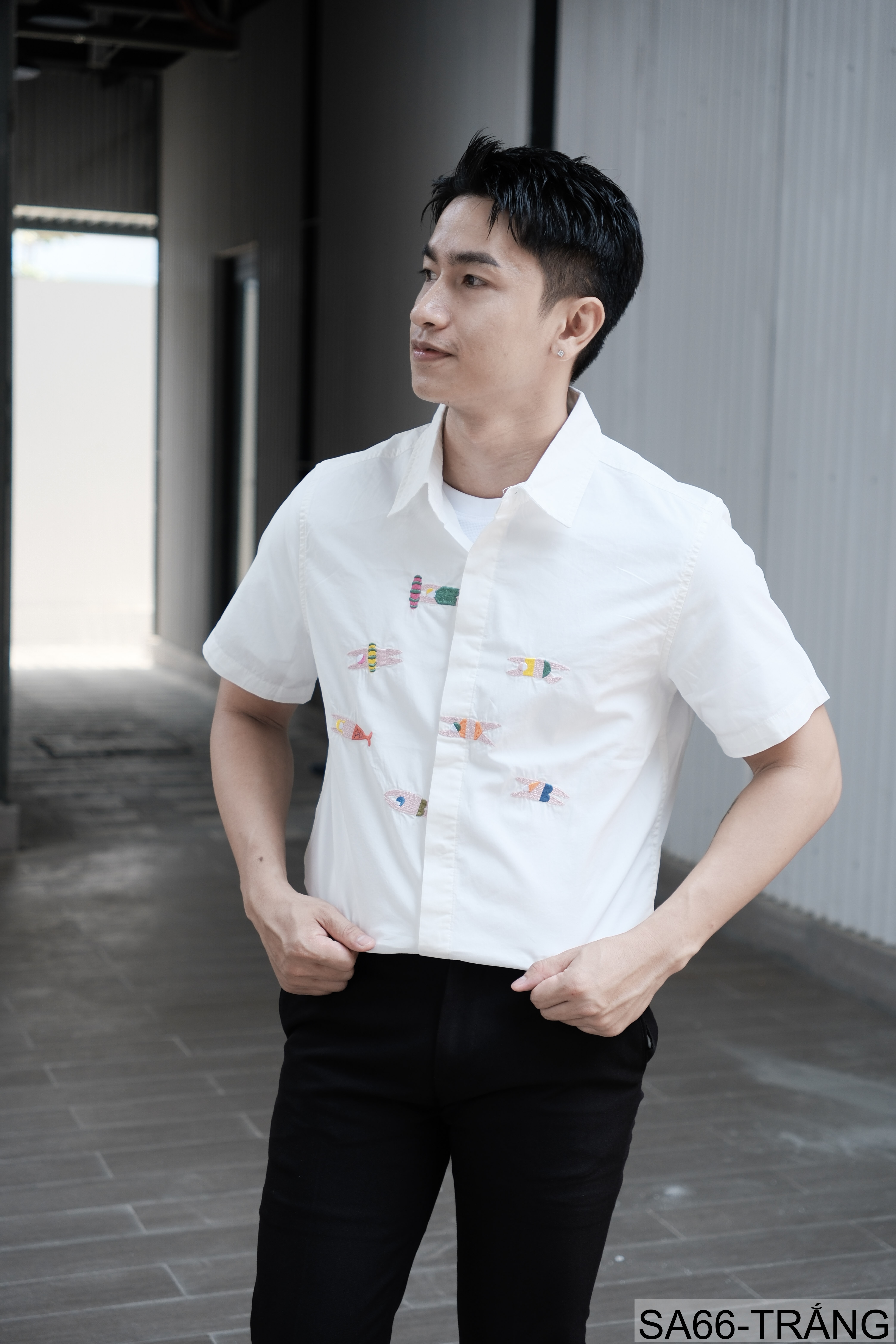 SA66 - Áo sơ mi nam ngắn tay thêu cá kiểu Nhật, cotton 100%, form rộng thoải mái, phong cách tươi mới_thumbnail_5