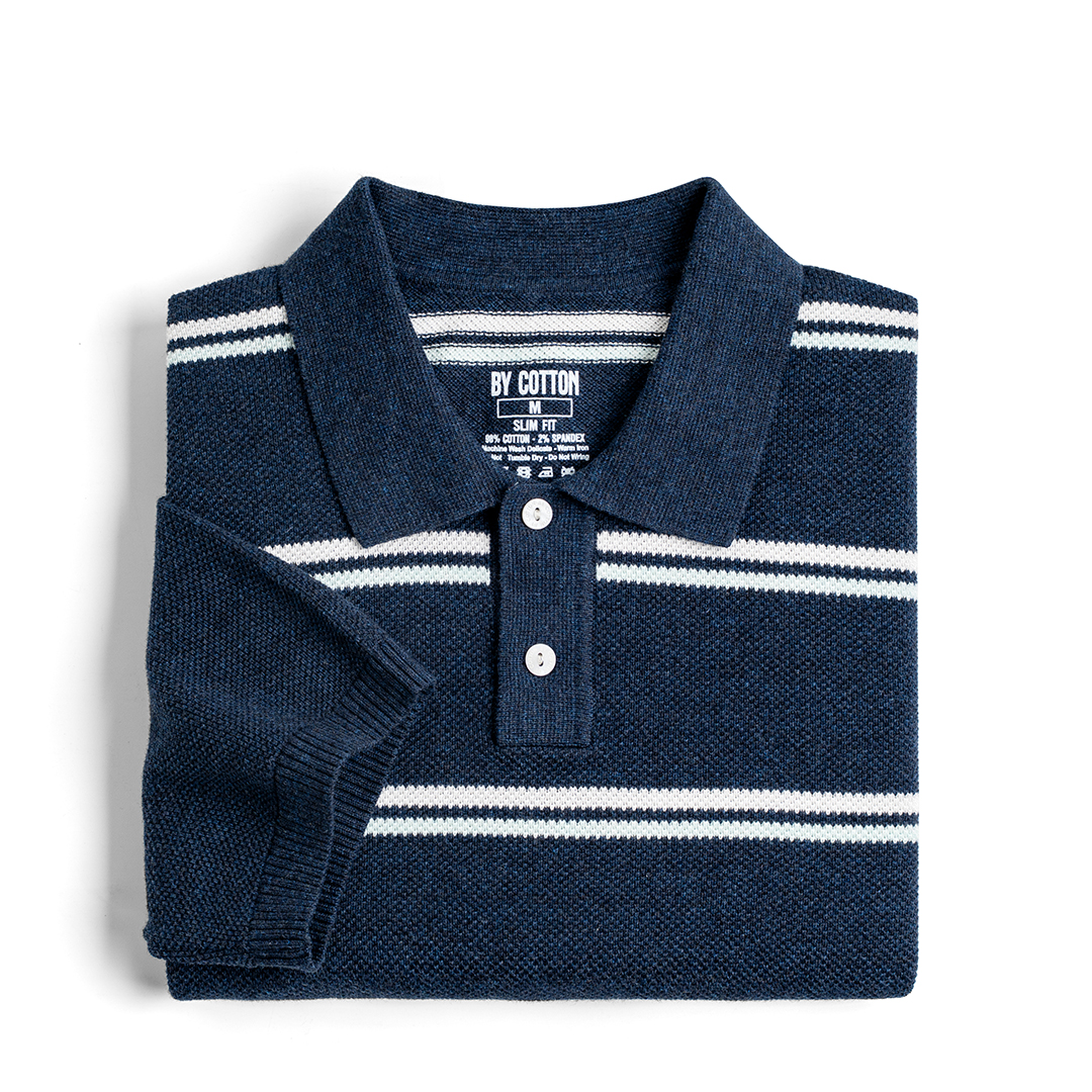 Áo Polo Dệt Kim By Cotton Melange Sọc Đôi - Xanh Trắng ( (Hàng Khuyến Mãi Không Thu Tiền Xuất Kèm Hóa Đơn)_thumbnail_6
