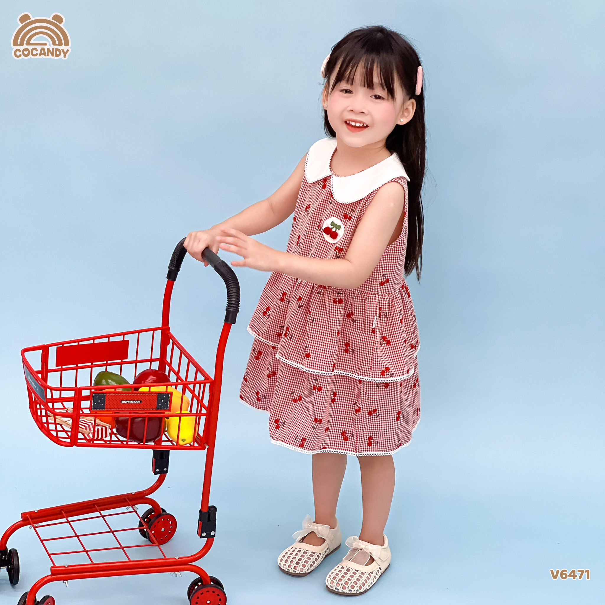 Váy sát nách thô caro ĐỎ hình cherry phối cổ sen_thumbnail_0