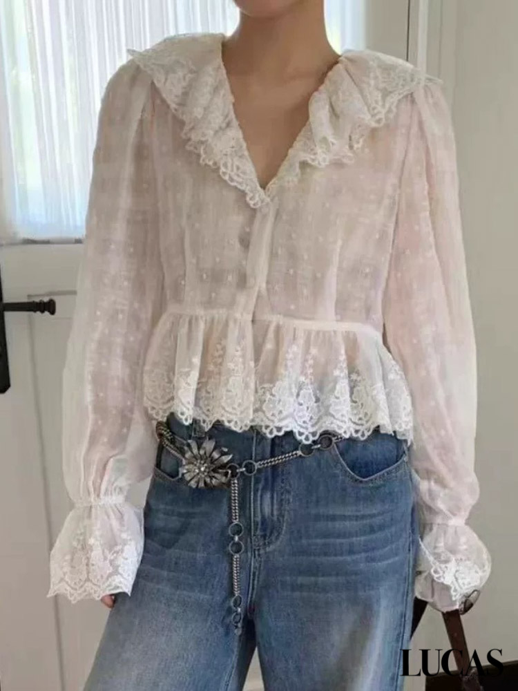 Áo sơ mi voan tơ thêu dáng crop nối gấu xòe chun cổ tay bèo cổ_thumbnail_1