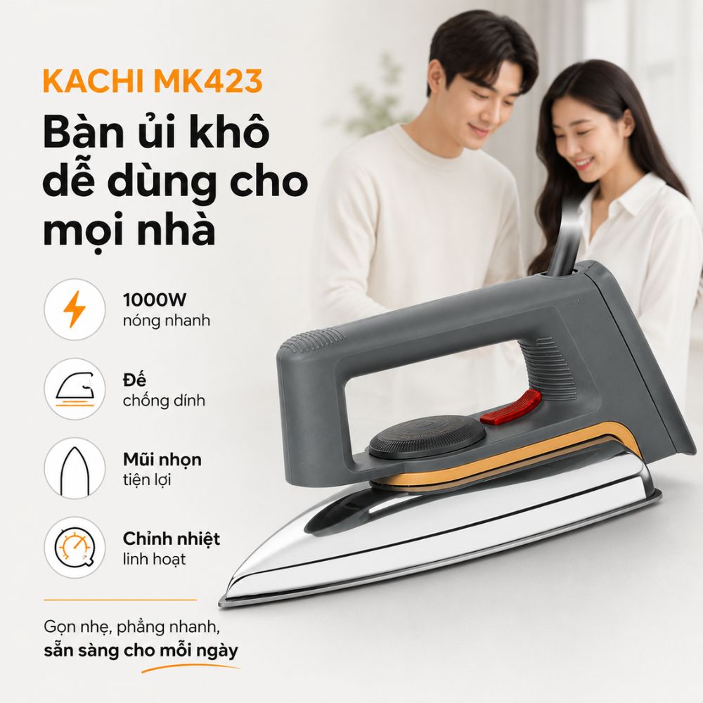 Bàn ủi khô Kachi MK423 1000W - Là phẳng mọi nếp nhăn, an toàn cho mọi loại vải