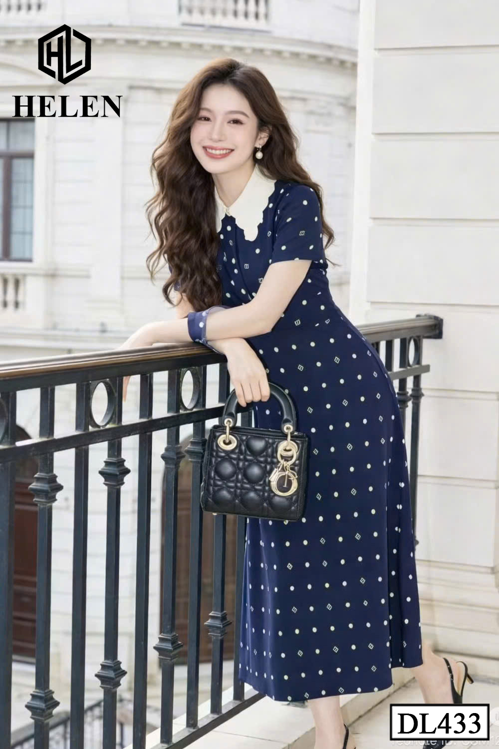 Đầm xòe XANH CHẤM phối cổ trắng DL433